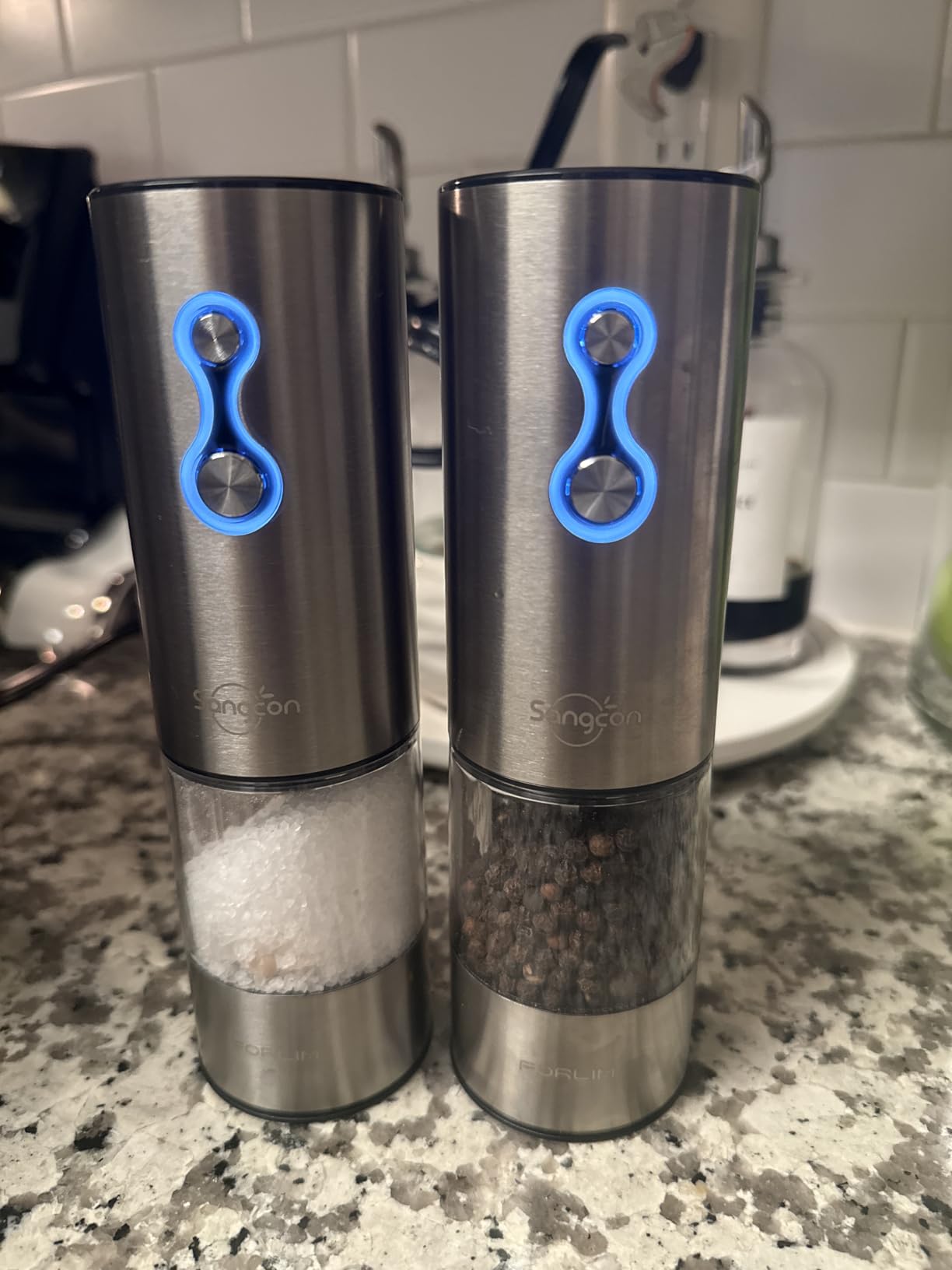 FORLIM Electric Salt & Pepper Grinder Set, Rechargeable 2 Pack, Black White | One-Hand Control for Home Cooks, BBQ, Meal Prep and Dining; 3.4 oz Removable Clear Cups, White LED, 7 Settings, Ceramic Core customer photo 1