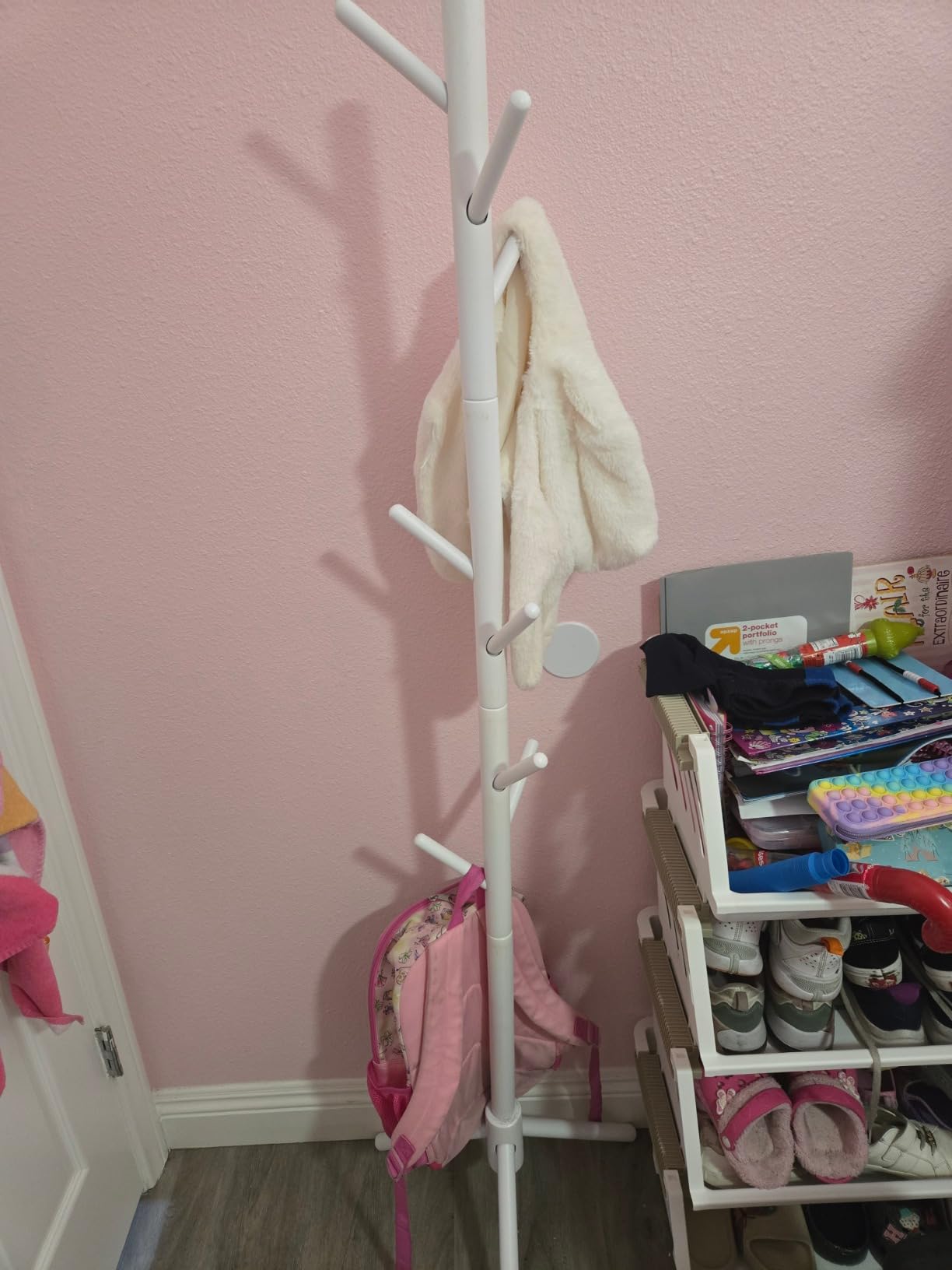 Cozivolife Kid's Coat Rack Stand: Height Adjustable with 9 Hooks (White) | Beech Wood Coats Tree for Cloth Hats and Handbags - Freestanding Child Clothes Racks for Hallway Entryway Bedroom customer photo 1