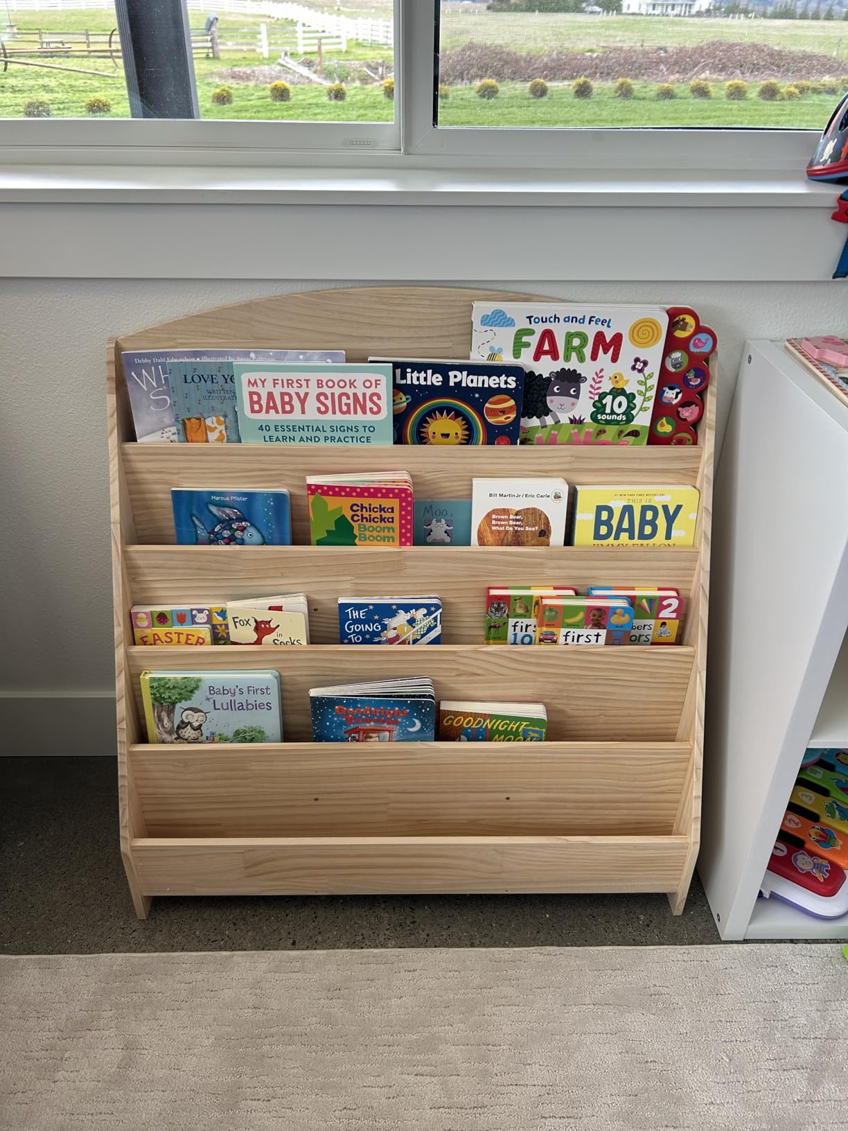 Montessori Toddler Book Shelf Organizer Single Sided Book Rack Display with Toy Storage, Children Baby Classroom Bookshelf, Kids Room bookcases cabinets & Shelves Natural Pine (31
