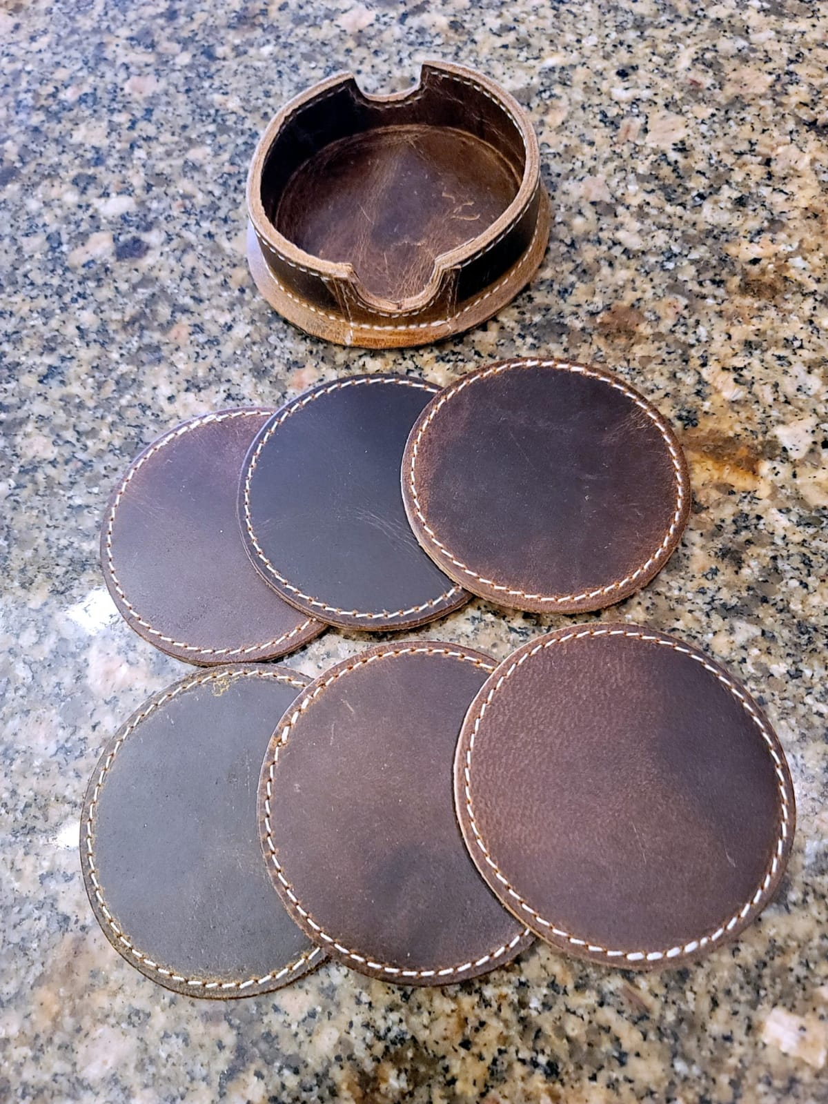 Leather Coasters for Drinks Set of 6 with Holder, Round, Dark Brown | Handmade Full Grain Leather; Coasters for Coffee Table, Kitchen, Bar & Desk; Protects Wood, Glass & Marble; Housewarming Gift customer photo 1