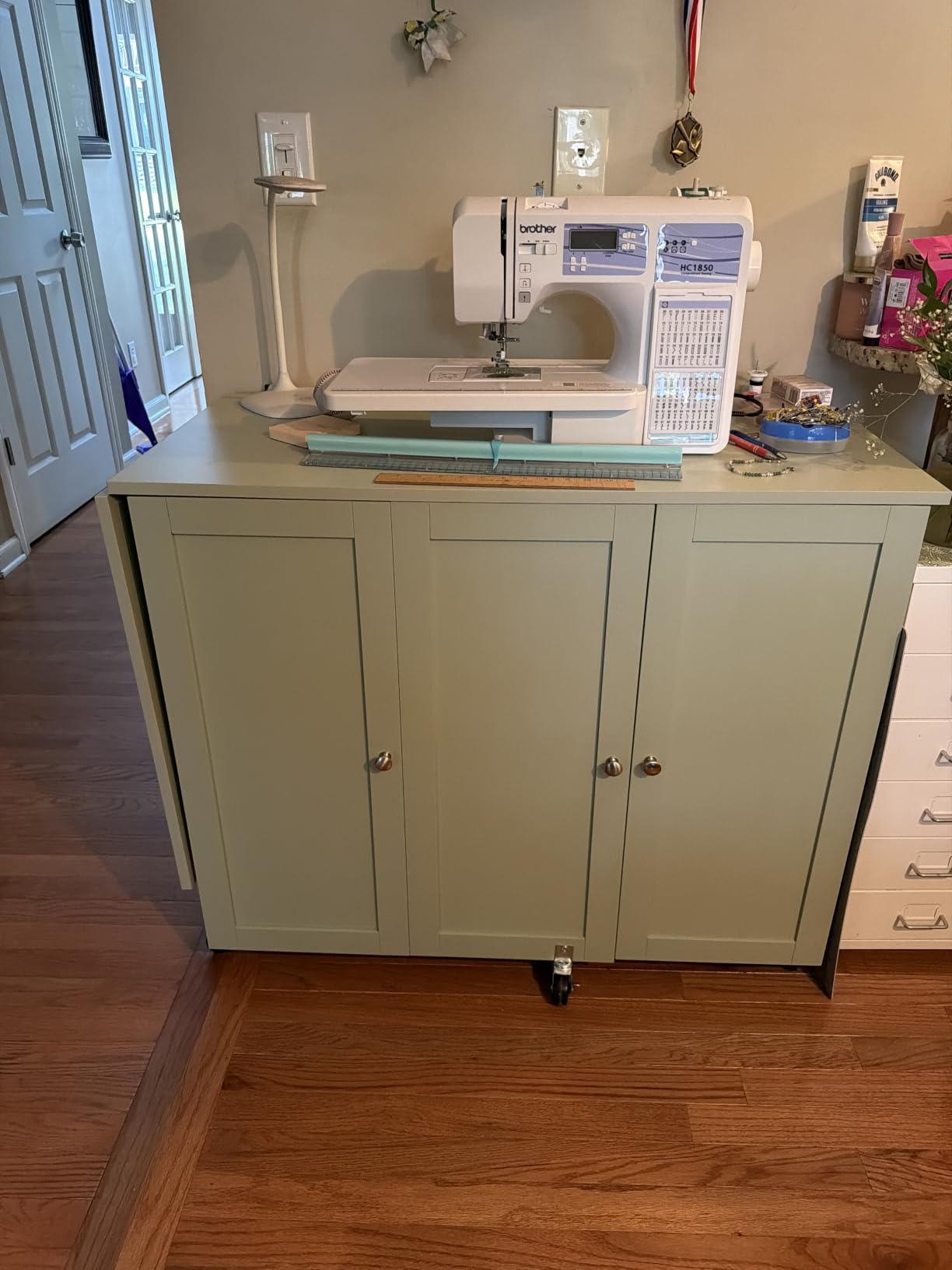 Best Choice Products Large Folding Sewing Table, Multipurpose Portable Craft Station & Side Desk w/Compact Design, Caster Wheels, Storage Shelves, 2 Storage Trays, Magnetic Doors - Light Green customer photo 1