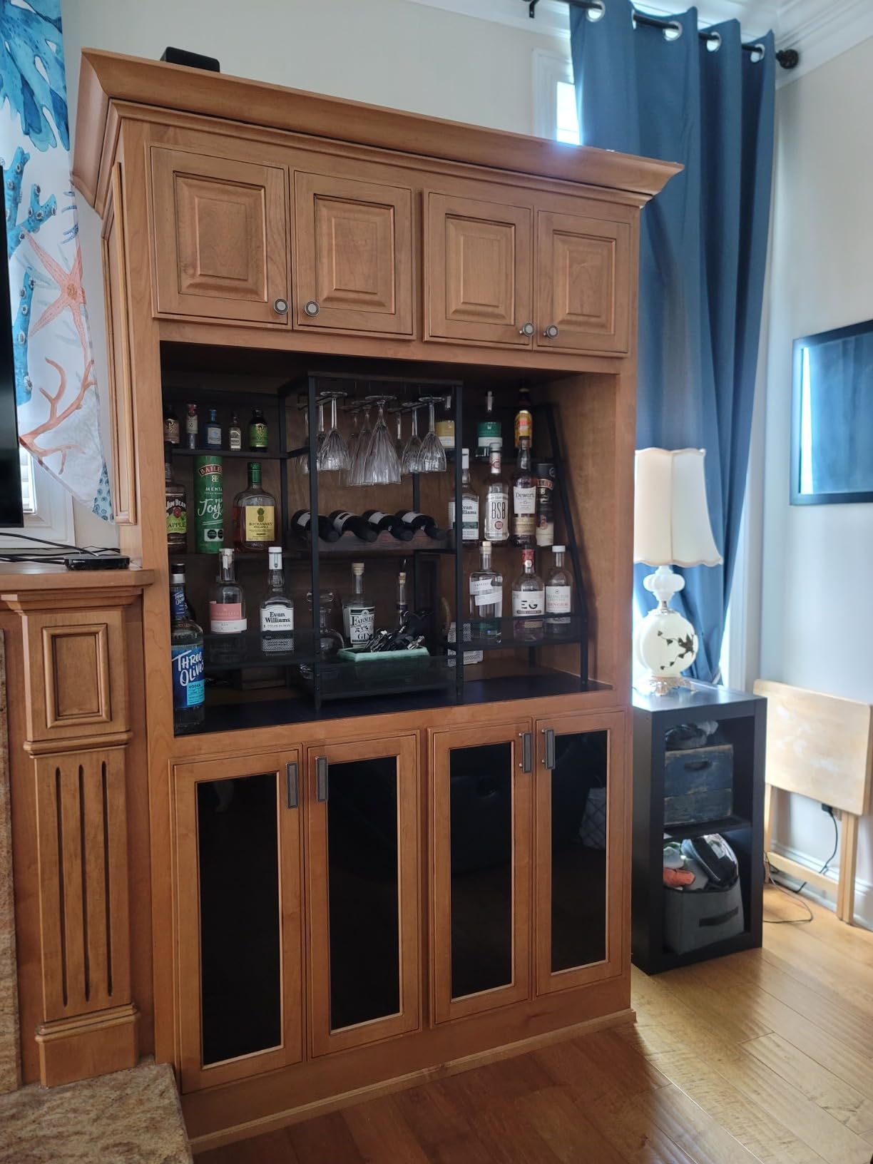 Hayexiha 3-Tier Liquor Stand for Home Bar, Stepped Freestanding Wine Rack | Compact Display: 15.55-inch-wide wood-and-iron stand has three fenced tiers and adjustable feet for corners or home bars. customer photo 1