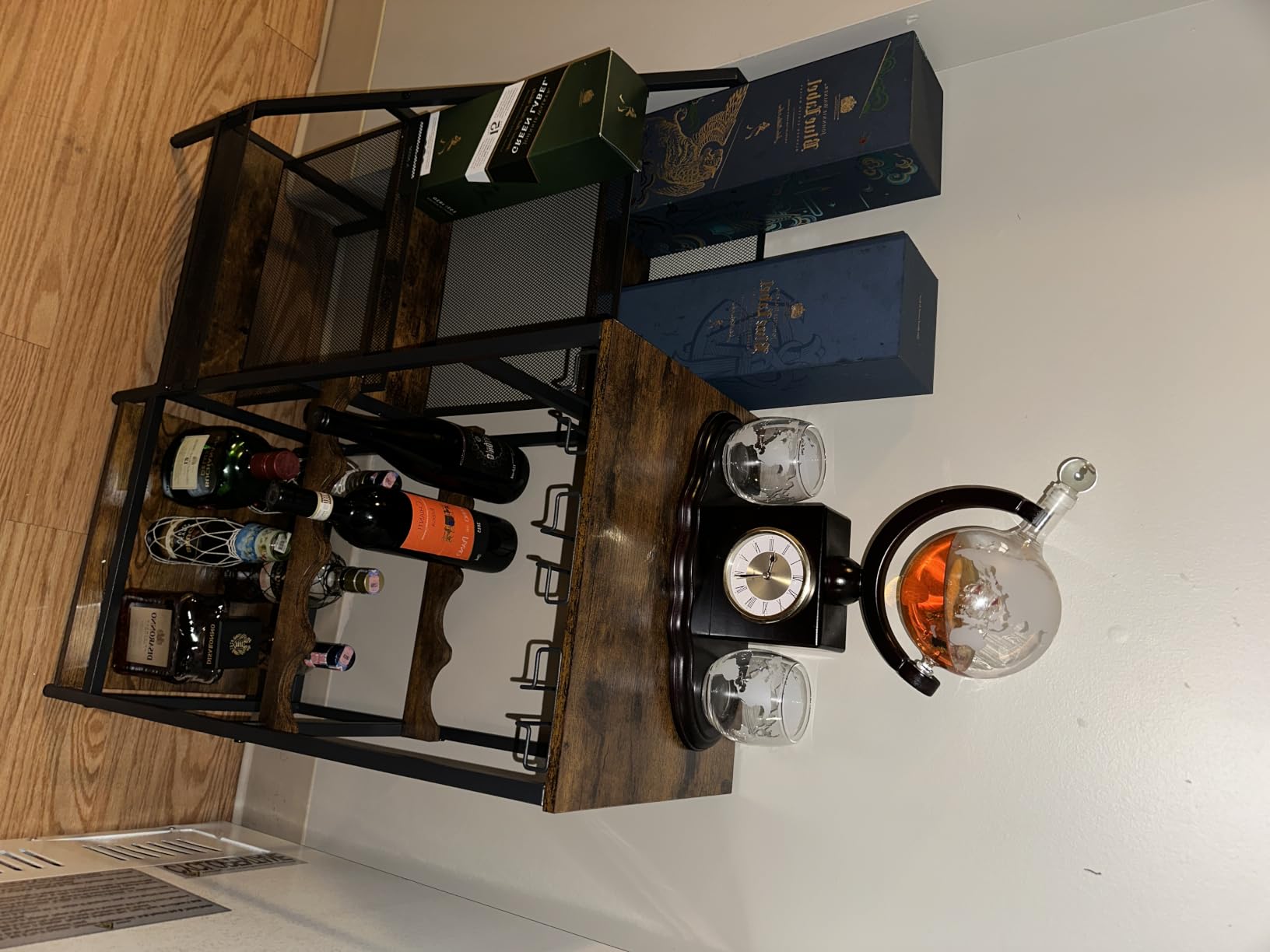Hayexiha 3-Tier Liquor Stand for Home Bar, Stepped Freestanding Wine Rack | Compact Display: 15.55-inch-wide wood-and-iron stand has three fenced tiers and adjustable feet for corners or home bars. customer photo 2