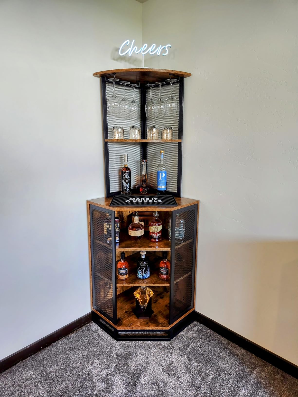 IBF 71 Inch Rustic Oak Farmhouse Tall Corner Bar Cabinet with Glass Holder | Sturdy 5-Tier Industrial Farmhouse Liquor Storage with Adjustble Shelf, Anti-Tipping Design for Home Kitchen Small Space customer photo 2
