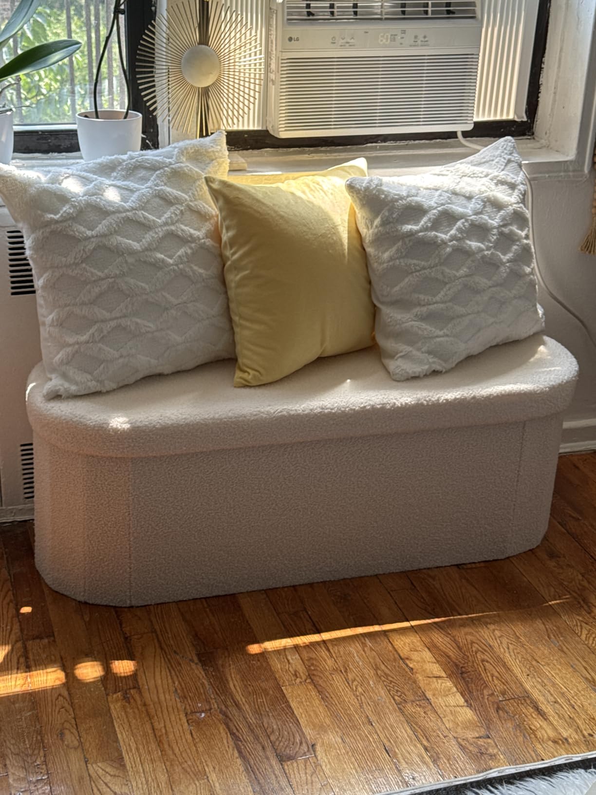 B FSOBEIIALEO Ottoman with Storage for Living Room, Sherpa Folding Storage Ottoman Foot Rest, 43.3 Inches Collapsible Bedroom Bench White Cream customer photo 1