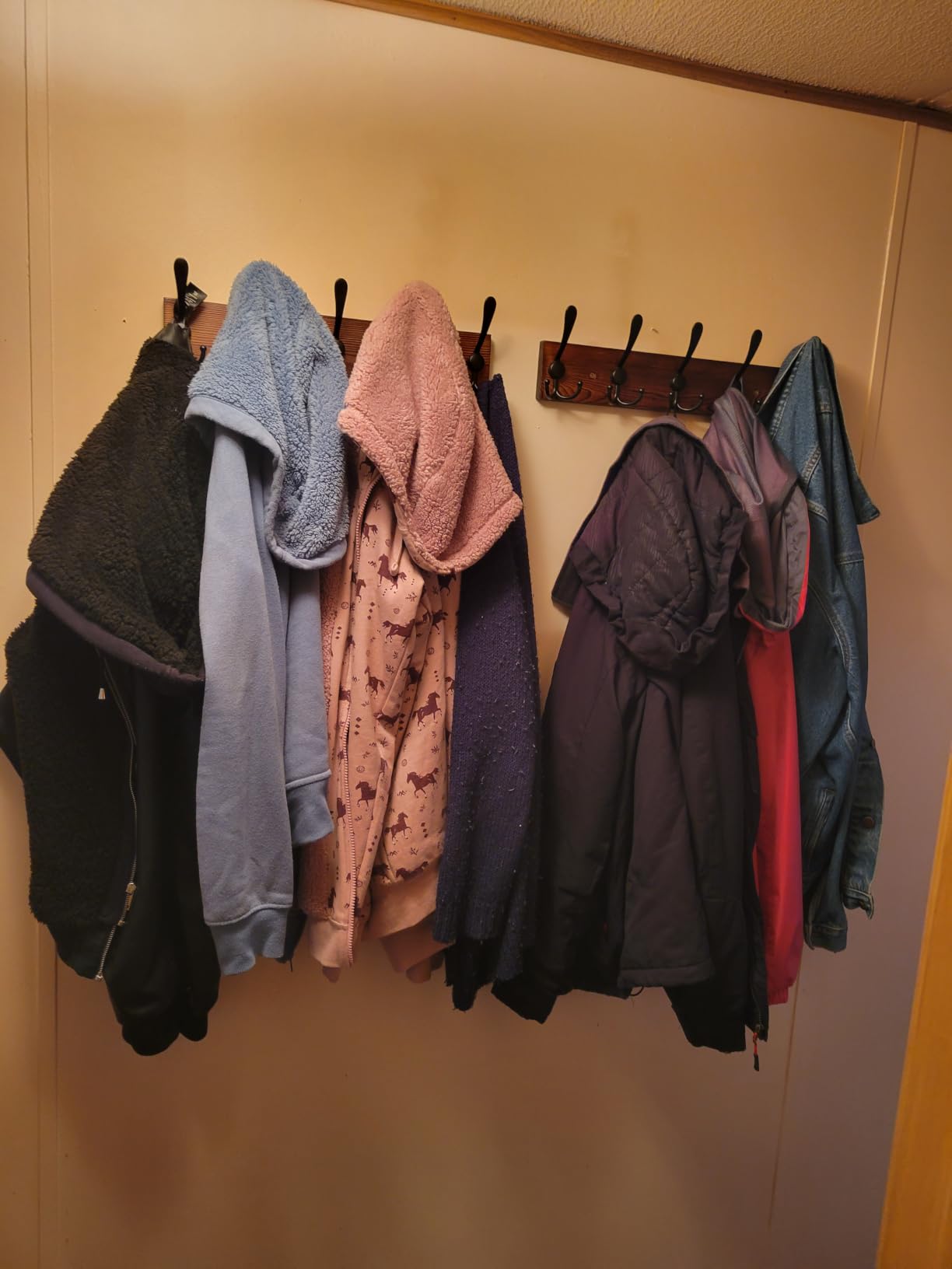 Kuhome 32.2'' Large Coat Rack Wall Mount Coat Hooks Coat Hanger with 8 Metal Black Triple-Hooks Brown Pine Real Wood Plank Hat Rack for Wall Hooks for Hanging Coat Hat Jacket customer photo 1