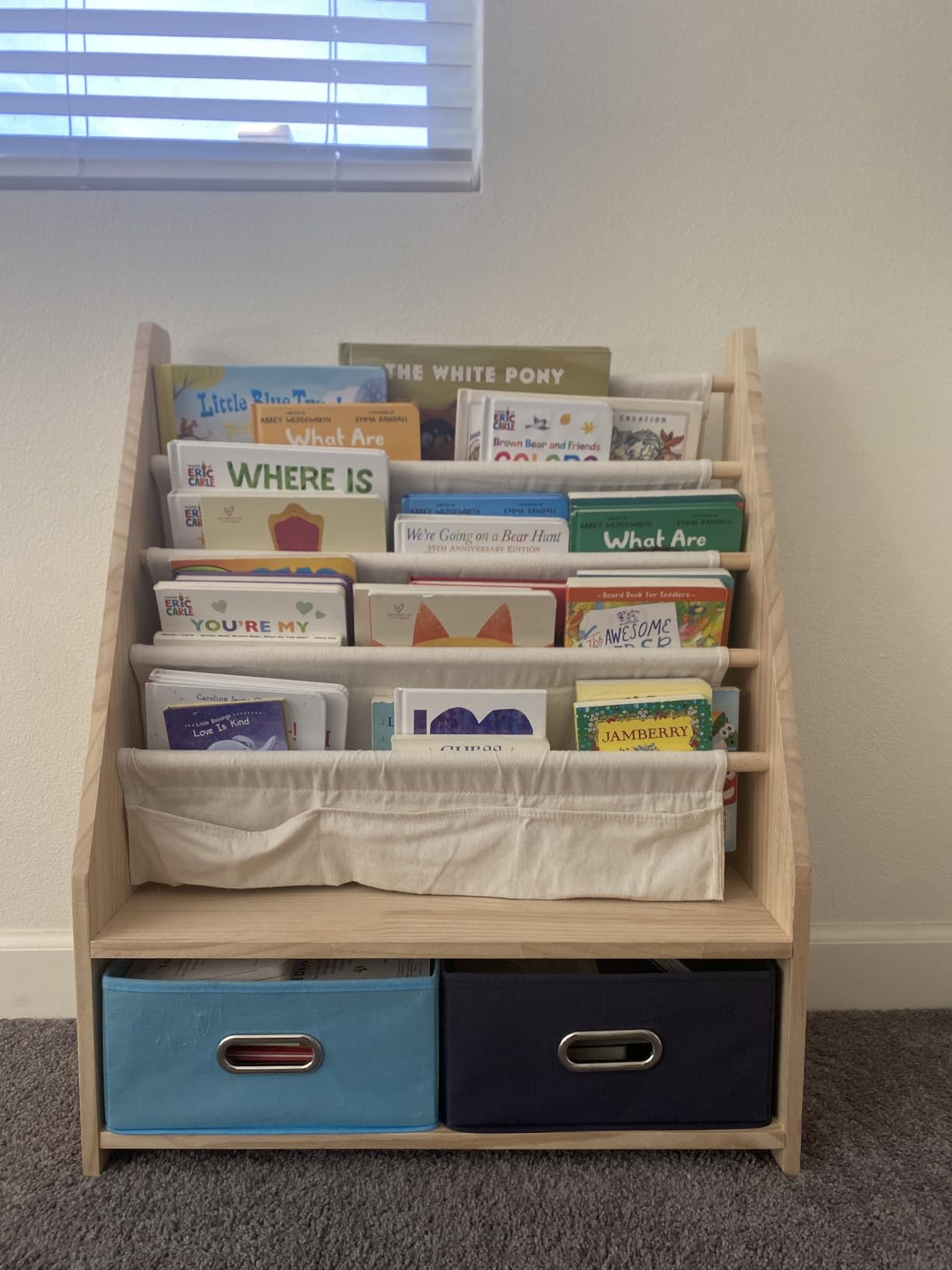 EXPERLAM 4 Tier Kids Bookshelf with Storage Bins, Solid Wood Toddler Book Shelf and Toy Organizer, Sling Book Rack for Kids Room, Nursery, Playroom, Blue customer photo 1