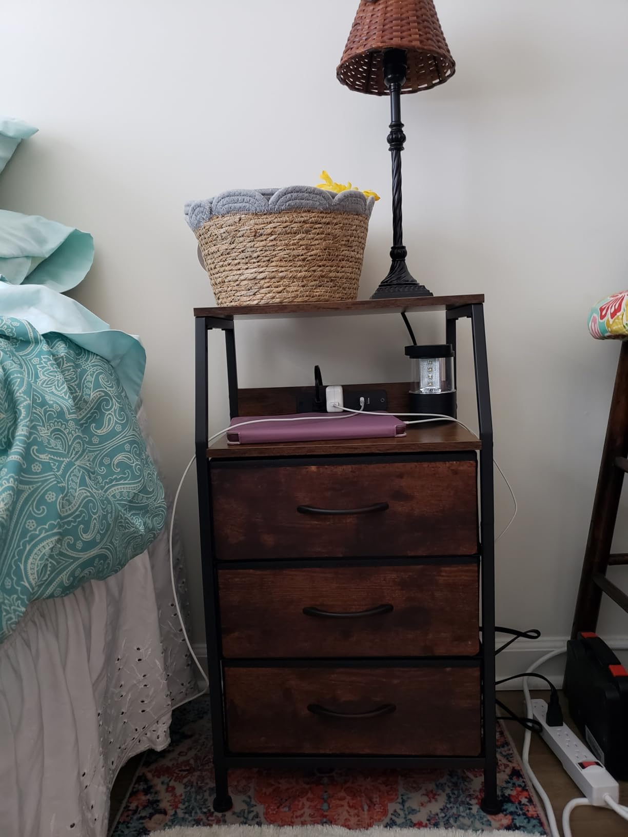 Furnulem 5 Drawers Dresser with Charging Station, Tall Black Nightstand | Tall Dorm Nightstand, Fabric Chest of Drawers with Open Shelf, Bedside Table for Closet, Dresser for Bedroom, 3 Ways to Use customer photo 1