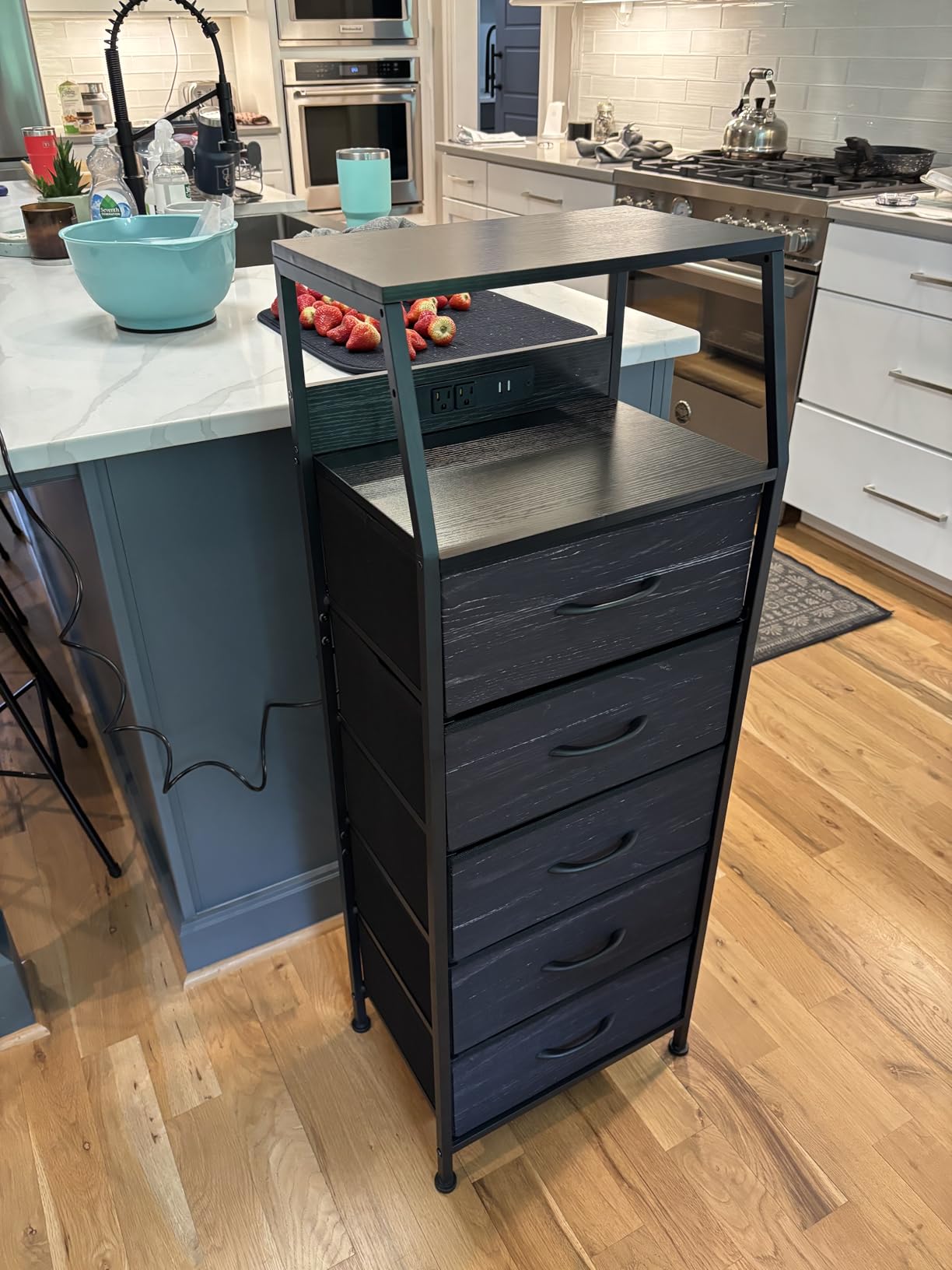 Furnulem 5 Drawers Dresser with Charging Station, Tall Black Nightstand | Tall Dorm Nightstand, Fabric Chest of Drawers with Open Shelf, Bedside Table for Closet, Dresser for Bedroom, 3 Ways to Use customer photo 2