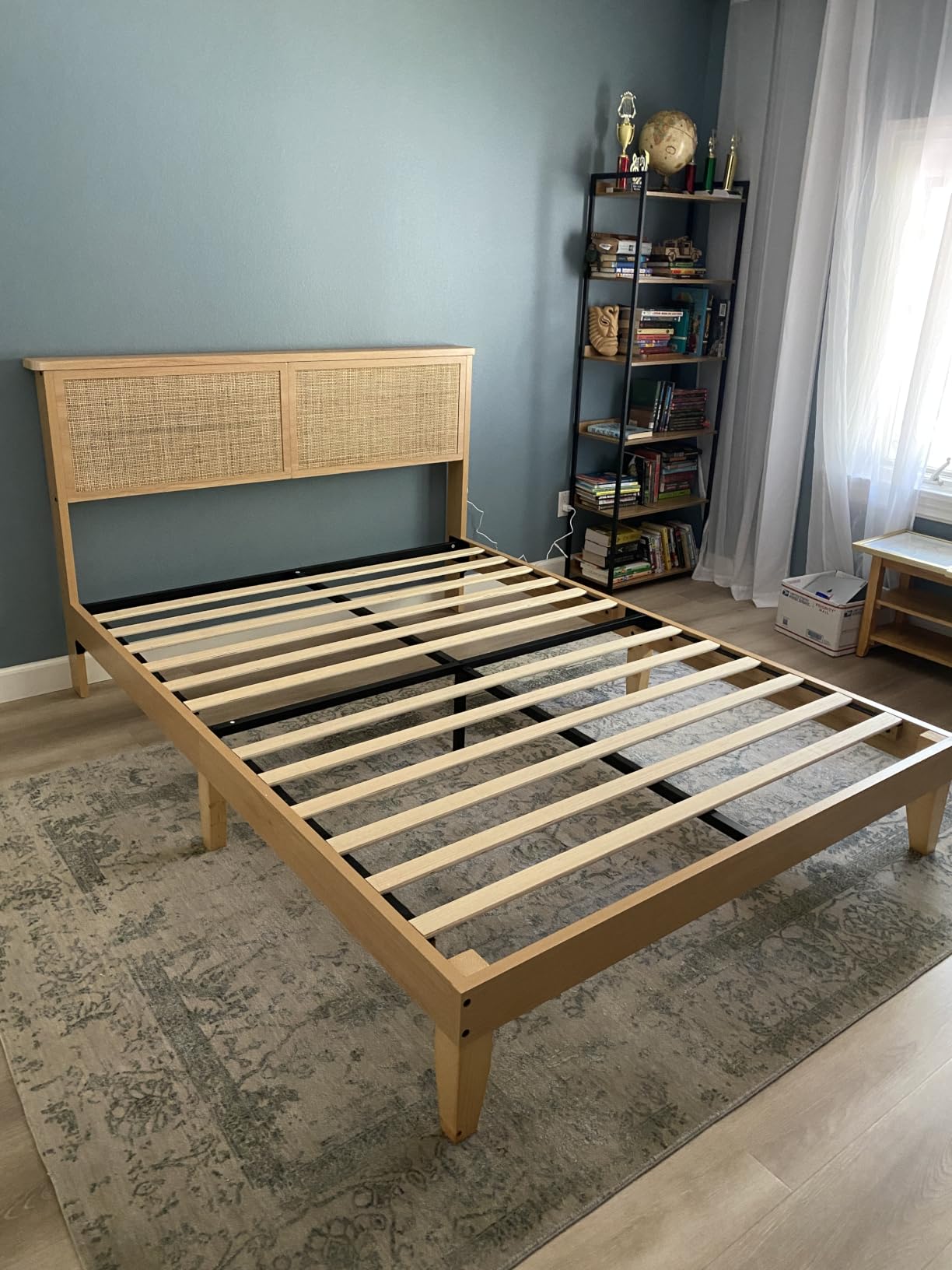 coucheta Bohemian Queen Rattan Bed LED Natural Headboard Bedroom | Bohemian queen rattan bed with natural headboard, LED lights, solid wood frame. No box spring needed for bedroom use. customer photo 1