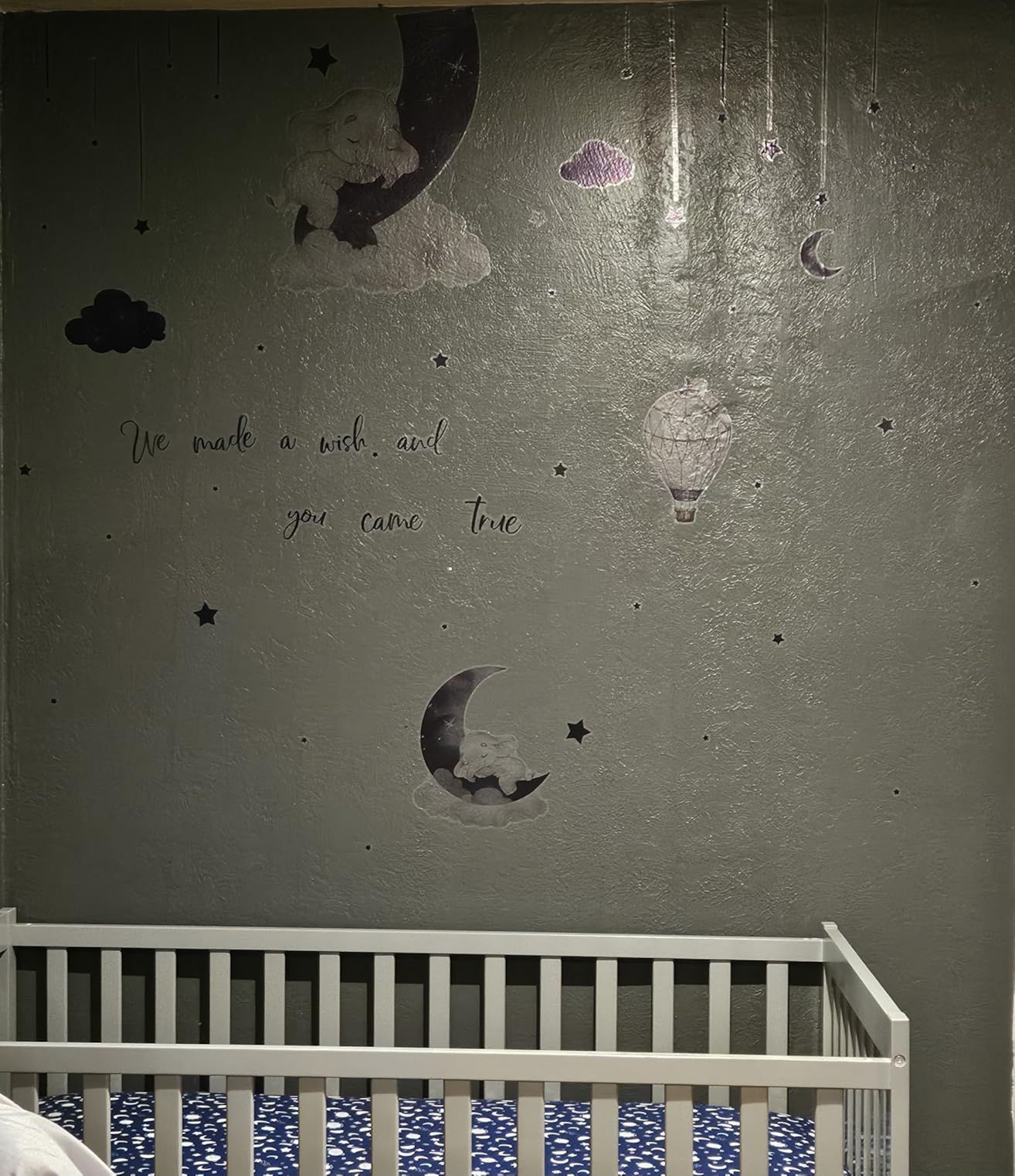 Dream Blue Grey Sleeping Baby Elephant Wall Sticker Wall Art Decal | Moon Star Cloud Warm English Phrase Removable Vinyl Peel and Stick for Boys Kids Room Nursery Bedroom Toddler Room Home Decor customer photo 1