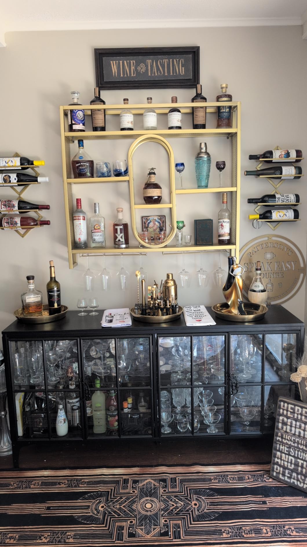 39 Inch Metal Wall Mounted Wine Rack, 3 Tier Bar Shelves with Glass Holder, Large Capacity Modern Liquor Shelves for Home Bar, Dining Room & Kitchen, Black customer photo 1