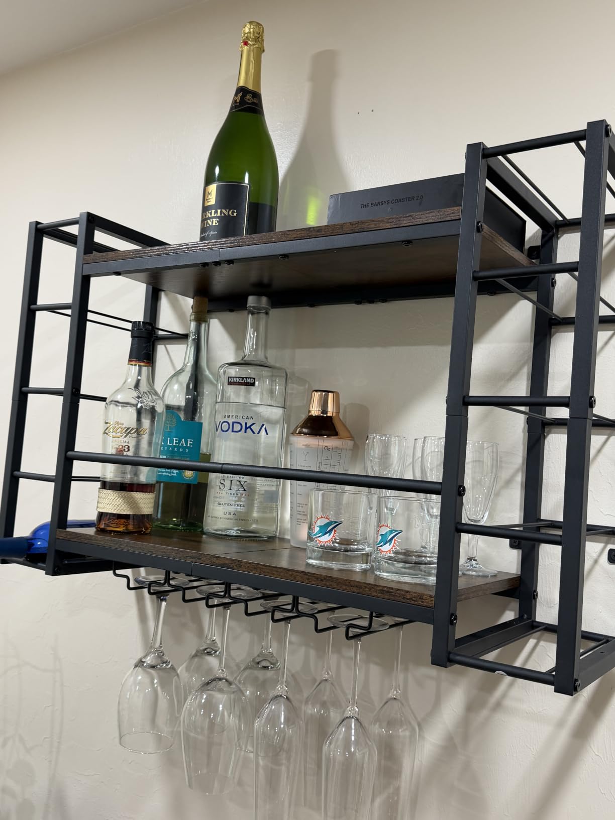 Homeiju Wall Mounted Wine Rack, Bottle & Glass Holder Wood-Metal Retro Wine Rack, Wine Bottles Display Wall Storage for Kitchen Dining Room Home Bar customer photo 1