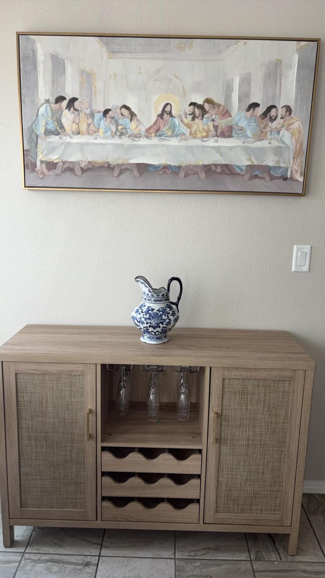Rattan Wine Bar Cabinet, Boho Rattan Home Bar with Glass Holder and Drawer Style Racks, Oak Sideboard Buffet Storage Cabinet for Living Dining Room Kitchen customer photo 2