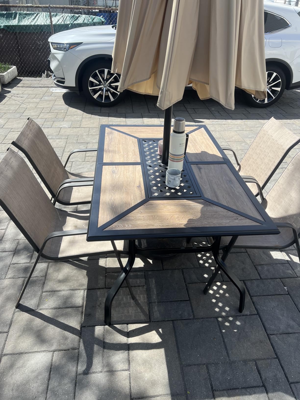 MFSTUDIO Outdoor Dining Table for 6, Long Metal Table w/Umbrella Hole | 61