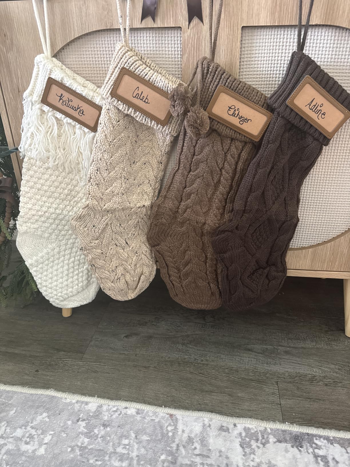 Farmhouse Knitted Personalised Christmas Stockings: 4 Pack 18 Inch Rustic Neutral Cable Knit Fireplace Stockings, Rustic Cozy Hanging Xmas Stocking Decorations for Family Holiday Décor, Earth Tones customer photo 2
