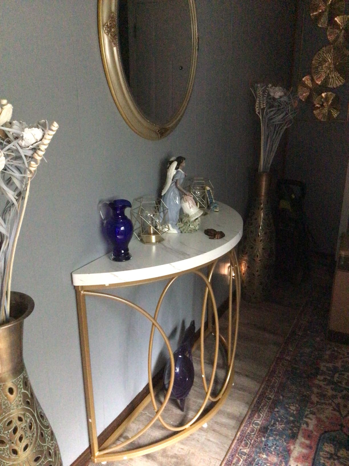 Tribesigns Half Moon Gold Console Table, 43 Inch Modern Faux Marble Entryway Table, Narrow Semi Circle Sofa Accent Table with Geometric Metal Frame for Living Room, Hallway, White & Gold customer photo 1