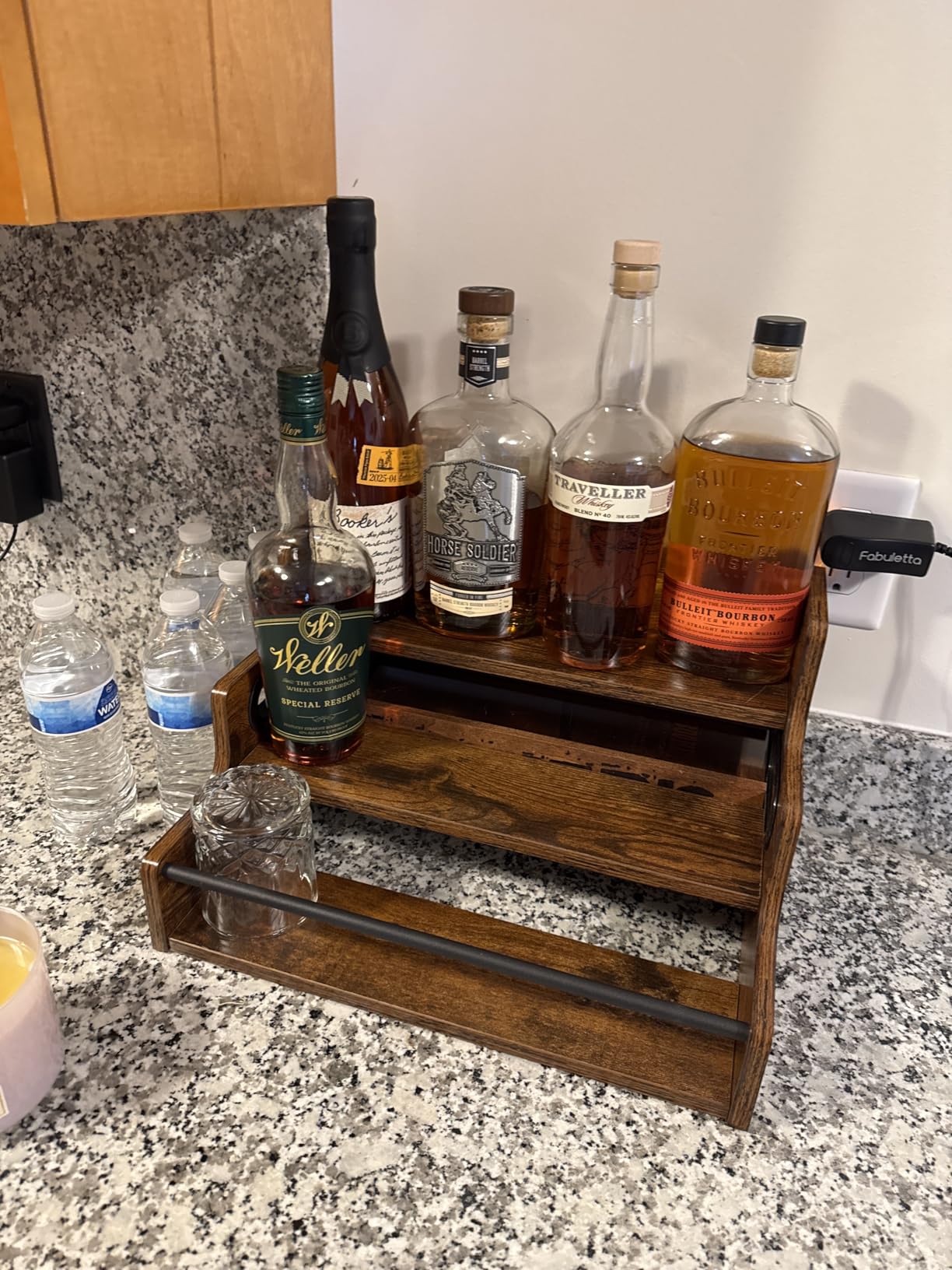 KLM Liquor Bottle Display Shelf, Coffee Syrup Rack Organizer, 3 Step Countertop Liquor Wine Rack, mini bar,liquor cabinet, Home Retro Bar Shelf Stand for Liquor Whiskey, Spirits customer photo 1