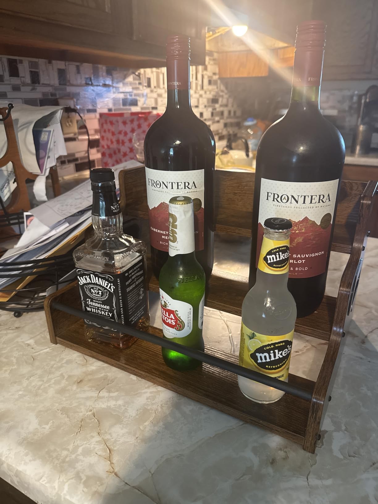 KLM Liquor Bottle Display Shelf, Coffee Syrup Rack Organizer, 3 Step Countertop Liquor Wine Rack, mini bar,liquor cabinet, Home Retro Bar Shelf Stand for Liquor Whiskey, Spirits customer photo 2