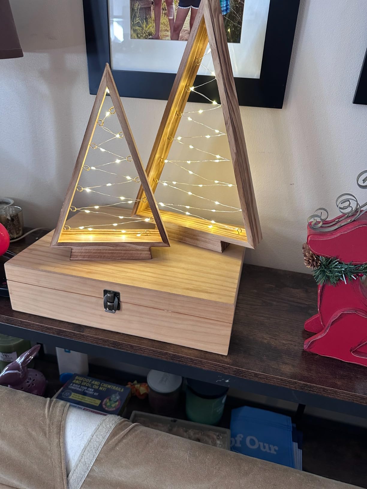 Leejec LED Wooden Christmas Tree Light, Modern Farmhouse Decor, Set of 2 | Battery Box Hidden in Base, 6/18H Timer, 14.3