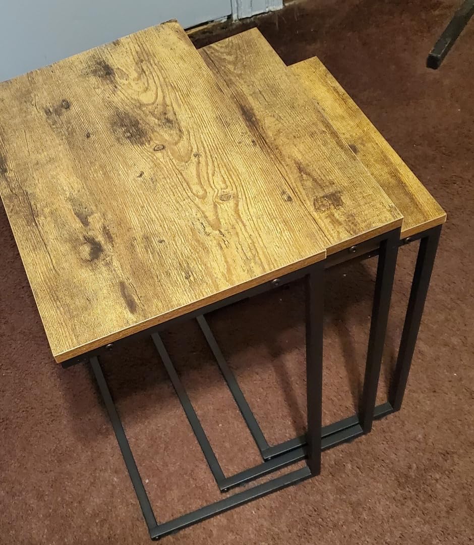 SUPER DEAL Nesting Tables Set of 3, Industrial C Shaped End Table Stackable Coffee Table Heavy Duty Metal Frame for Small Space, Living Room, Bedroom, Side Table Tray for Laptop Snack, Rustic Brown customer photo 1