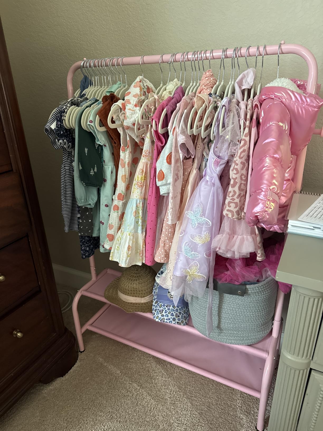 Kids Clothing Rack - Dress Up Clothes Rack - Baby Toddler Closet - Mini Freestanding Coat Racks with 2 Fabric Shelves - Small Kids Costume Wardrobe - Garment Rack for Hanging Clothes Organizer customer photo 2