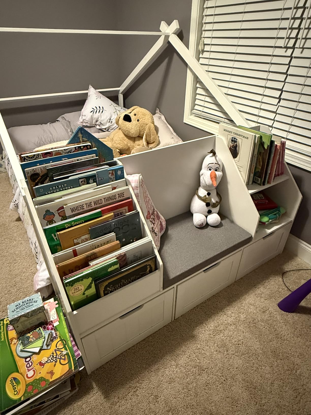 FOTOSOK Kids Bookshelf with Reading Nook, Toy Storage with Seat Cushion | 55.1'' Toy Storage Organizer with 3 Movable Drawers, Kids Reading Nook with Bench for Playroom, Bedroom, White customer photo 2