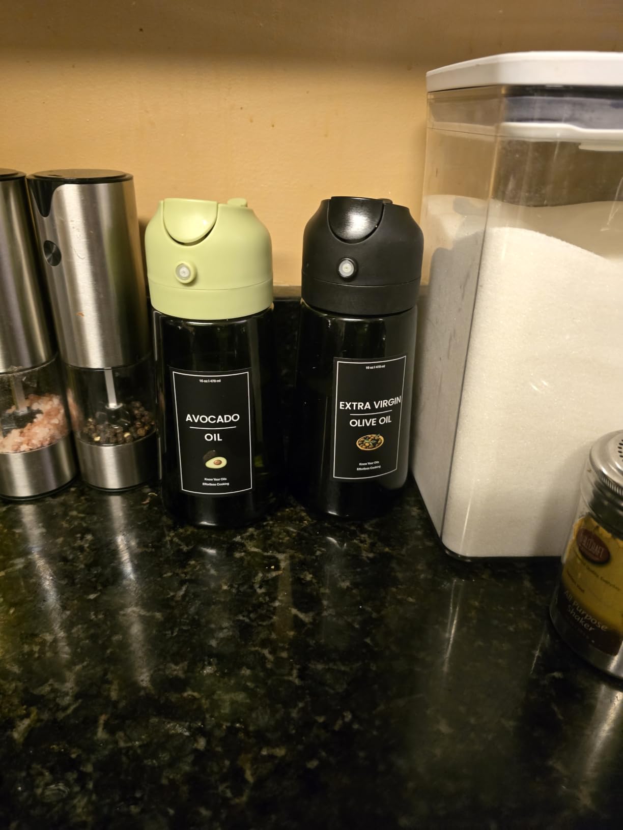 CXINYI - 16oz/470ml Olive Oil Dispenser for Kitchen with Stickers - 2 in 1 Olive Oil Sprayer for Cooking, Air Fryer, and Salad, Black&Green (Light-Proof Kitchen Gadget) customer photo 1