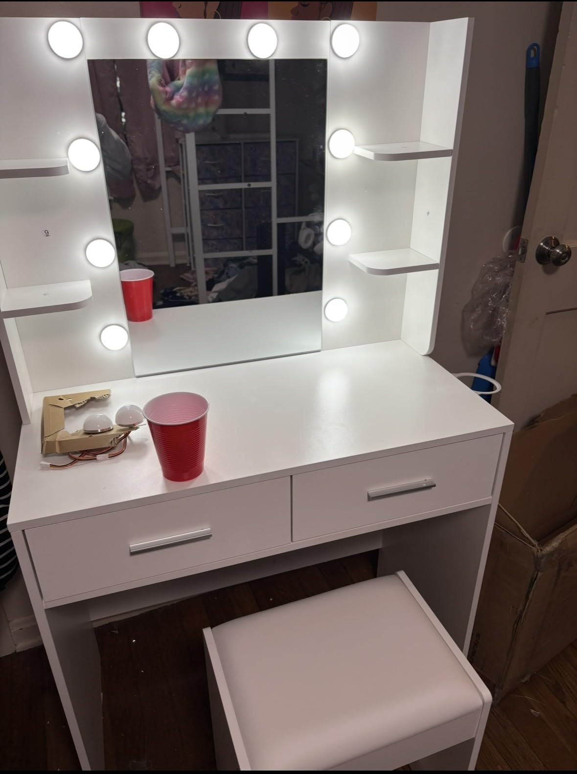 Furmax Makeup Vanity Desk with Mirror and Power Outlet, White, 3 Color Light Options Adjustable Brightness, 2 Drawers, 6 Storage Shelves, with Bench customer photo 1