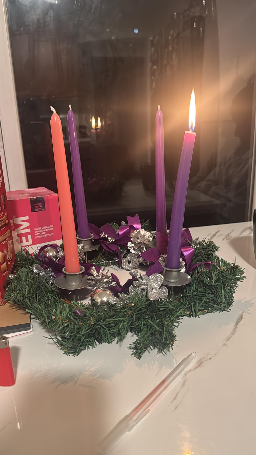 prelit Christmas Hoop Wreath with Lighted House, Farmhouse Winter Wreath with Lights, 16inch Silver White Christmas Wreath for Front Door, Winter Xmas Holiday Porch Decor, Modern Mantel Decoration Gift customer photo 2
