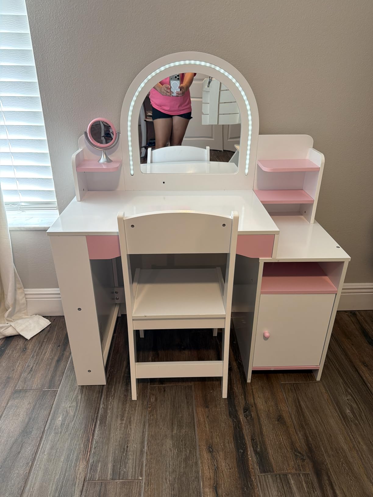 MU Kids Vanity with Lights, Princess Makeup Vanity Desk with Open Bookshelf, Storage Cabinet & Shelves, 2 in 1 Toddler Vanity Table & Chair Set with Lighted Mirror for Little Girls, Pink customer photo 1