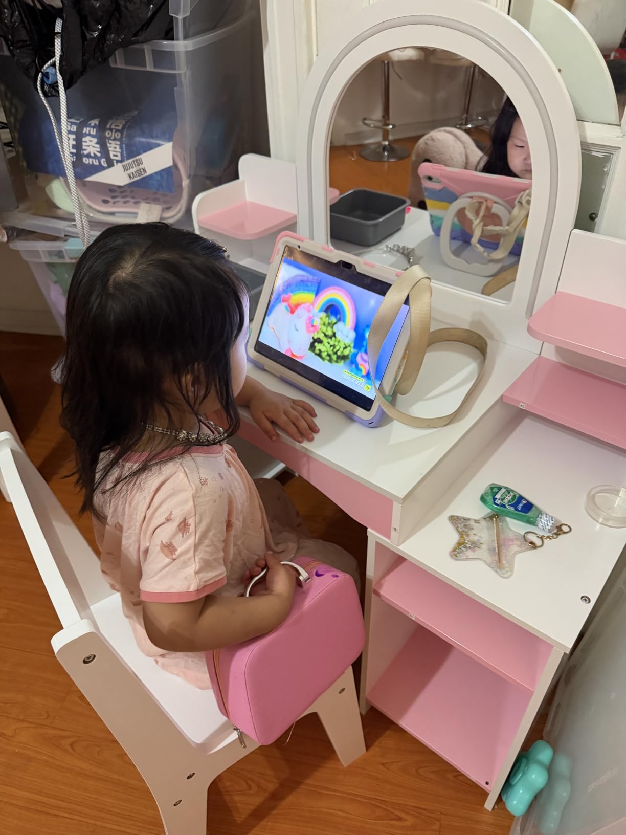 MU Kids Vanity with Lights, Princess Makeup Vanity Desk with Open Bookshelf, Storage Cabinet & Shelves, 2 in 1 Toddler Vanity Table & Chair Set with Lighted Mirror for Little Girls, Pink customer photo 2