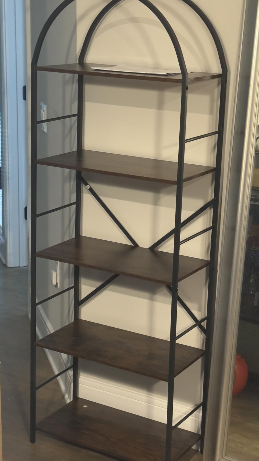 Shintenchi Bookshelf, Arched Bookshelf 5 Tier Bookcase, Tall Shelf for CDs/Books, Home Office Shelf Storage Organizer, Modern Book Shelf for Bedroom/Living Room, Rustic Brown customer photo 1