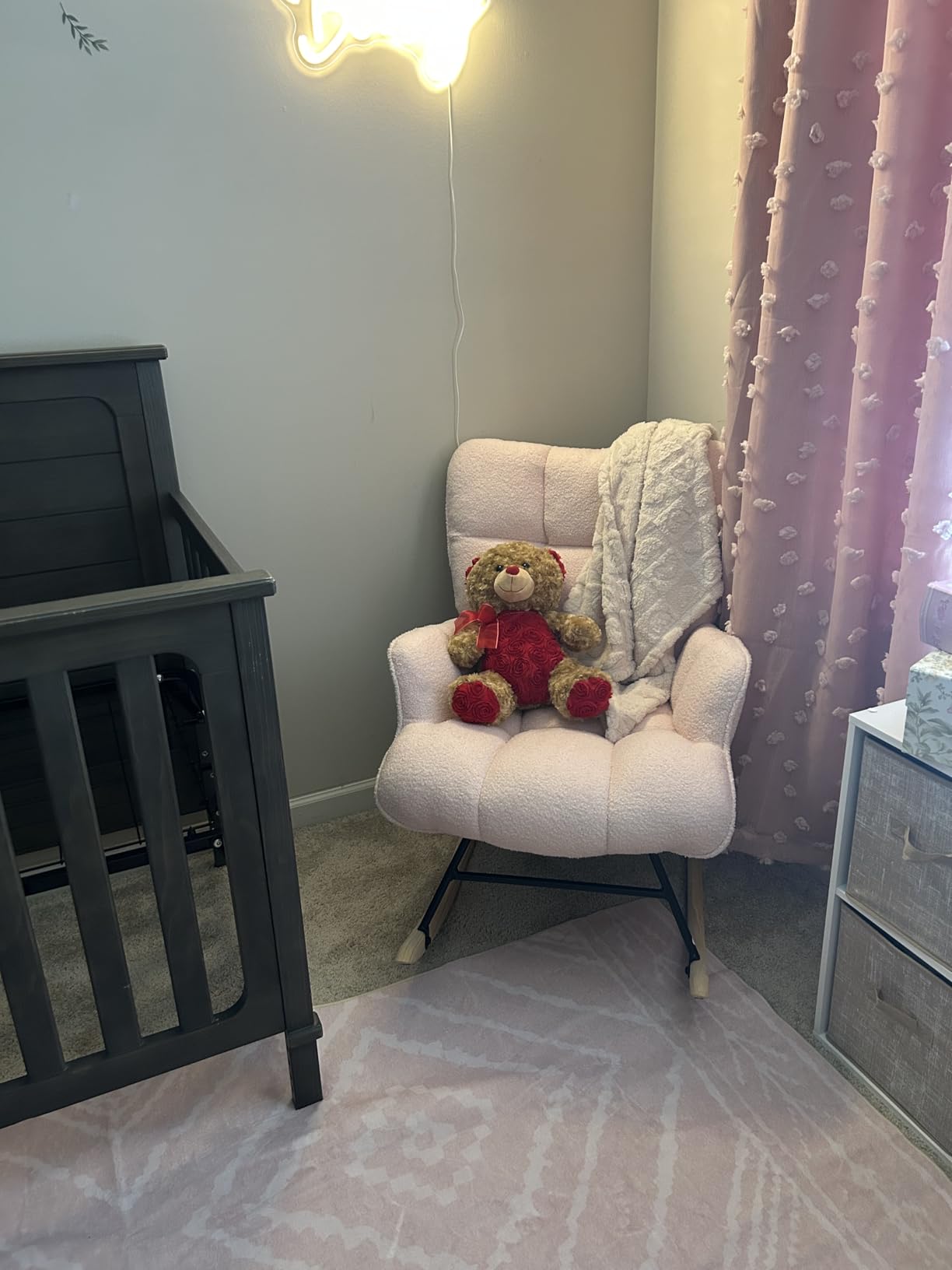 SAETSFEG Rocking Chair Nursery Teddy Upholstered Glider Rocker Rocking Accent Chair Padded Seat with High Backrest Armchair Comfy Side Chair for Living Room Bedroom Offices (Grey Teddy) customer photo 1