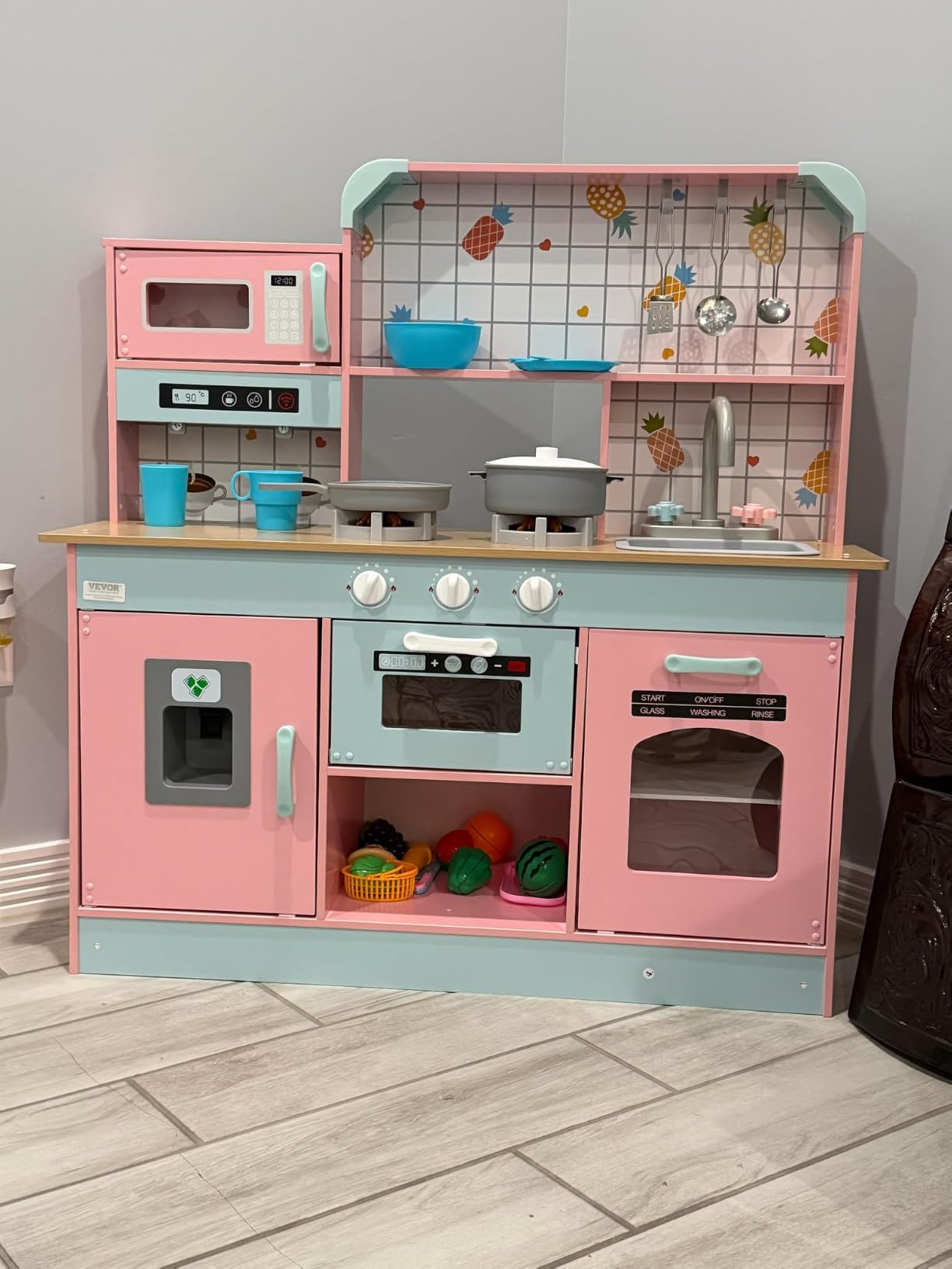 VEVOR Wooden Play Kitchen Toy, Play Kitchen for Kids with Lights and Sounds, Toddler Kitchen with Ice Maker, Oven, Sink, Microwaves, Fridge and Utensil and Fruit Accessory for Toddlers, Pink customer photo 2