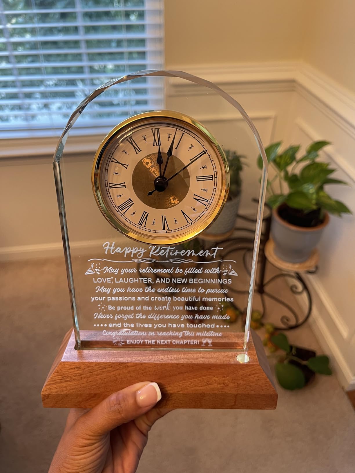 Arikyrist Glass Happy Retirement Clock Gifts for Women Men Retired Ideas | Retirement Plaque, Farewell Gift, for Colleagues Boss Teacher Doctor Friend Her Going Away, with Wooden Light Base customer photo 2