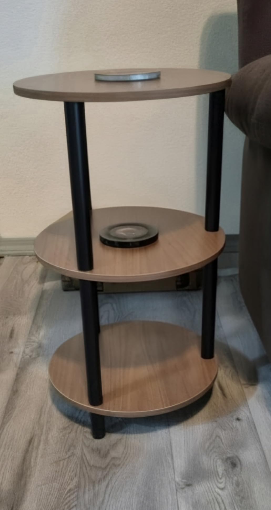 XBurmo Small Round Coffee Table - 3 Tier Design Accent Table, Narrow Side or Bedside Stand, Industrial Vintage Nightstand for Bedroom, Living Room, or Small Spaces, Rustic Brown customer photo 1