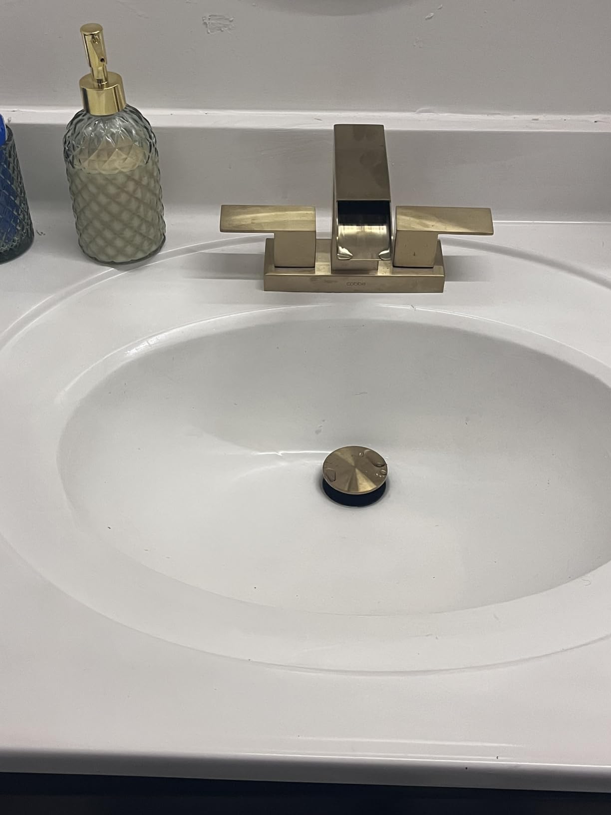 Cobbe Waterfall Bathroom Faucet, Brushed Gold 4 Inch Centerset 2 or 3 Hole | Bathroom Sink Faucet Square with Pop-Up Drain, 2 Handle and 2 Supply Hoses, Lead-Free Stainless Steel for Vanity Sink Rv customer photo 1