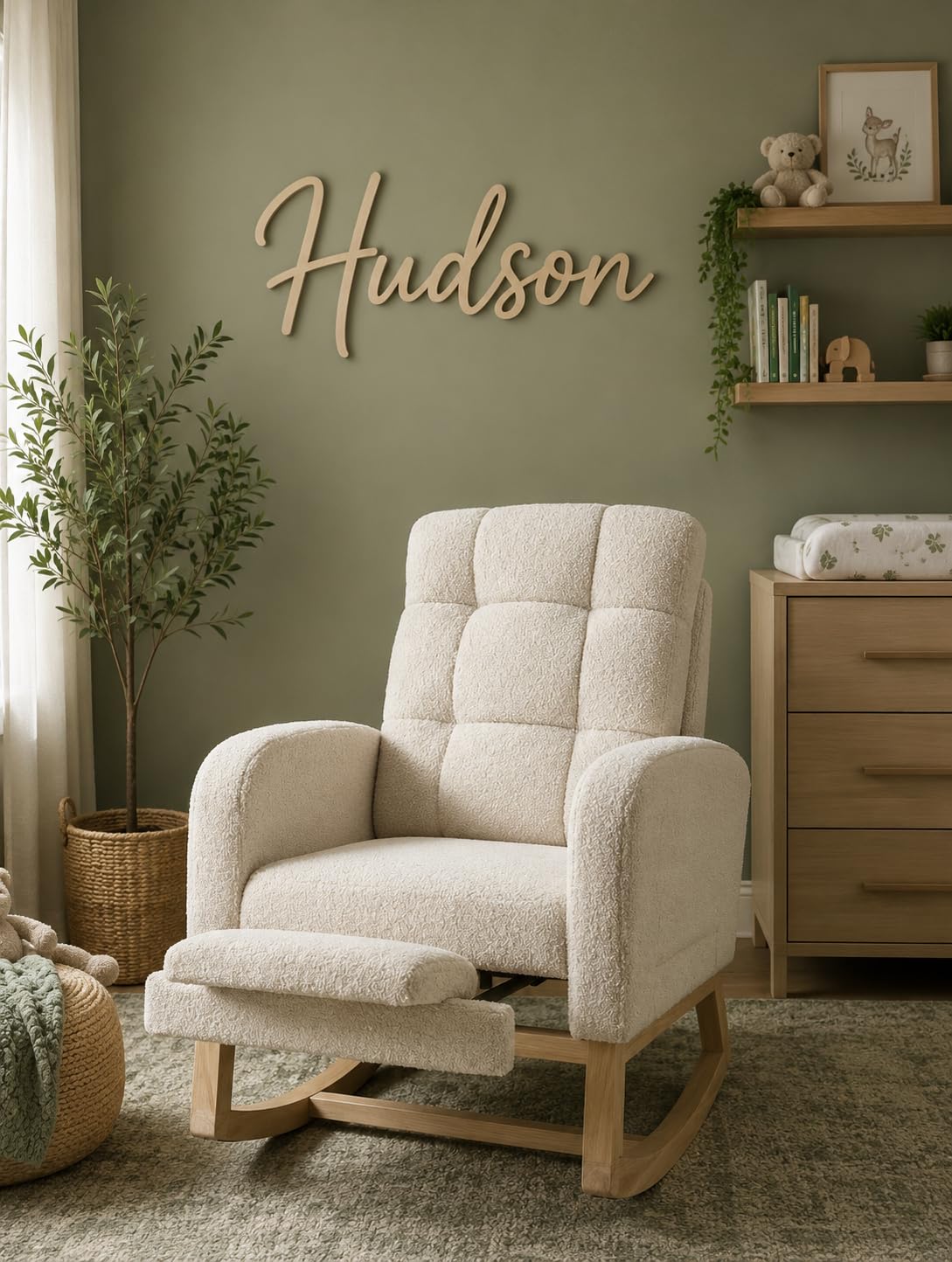 NIOIIKIT Modern Nursery Rocking Chair, Teddy Upholstered Rocking Chair with Footrest, Comfortable Rocker Glider with Side Pocket, Rocker Glider for Living Room, Bedroom, Nursing Room (Beige) customer photo 1