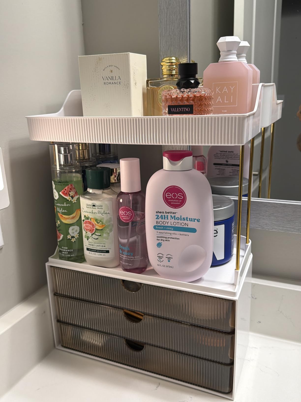 StorBin Arcylic 5-Tier Makeup & Skincare Organizer for Vanity, Bath | Smooth 3 drawers, clear body, gold frame, non-slip, for perfumes, serums, face masks, palettes, vanity & bath counter, Amber customer photo 1