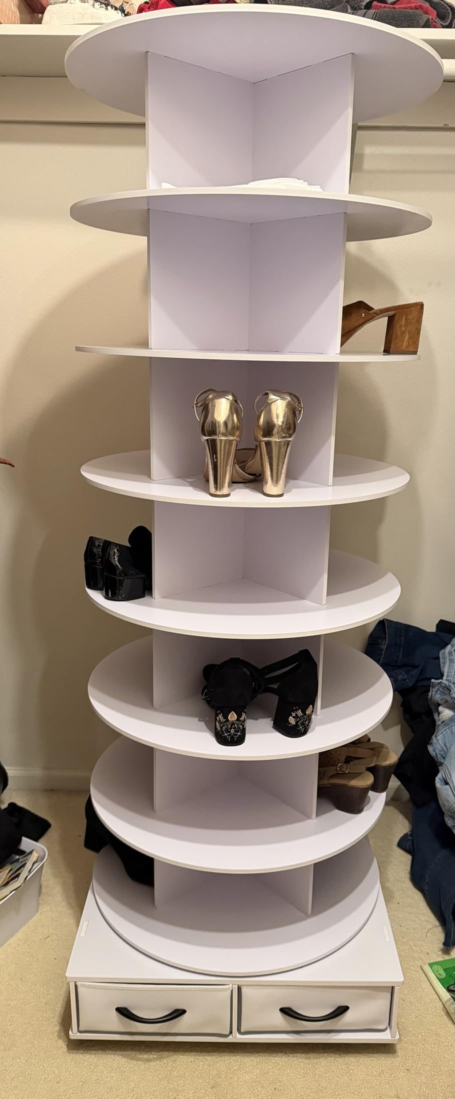 RUNSUNSPRI 8 Tier Rotating Shoe Rack Tower Contains 2 Drawers | Spinning Shoe Rack, Revolving 360 Shoe Racks, Storage Round Carousel, Equipped with 5 Universal Wheels with Brake Function customer photo 2