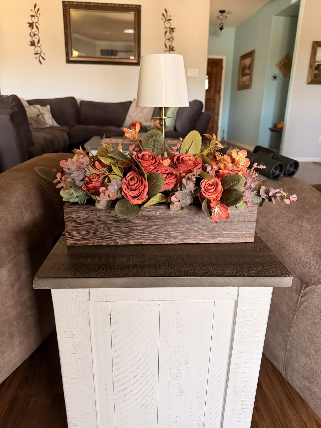 Dahey Centerpiece Table Decorations for Dining Room Farmhouse Living Room Fall Table Centerpieces Decor Wood Tray with 3 Artificial Flowers and 2 Eucalyptus for Kitchen Table, Orange customer photo 2