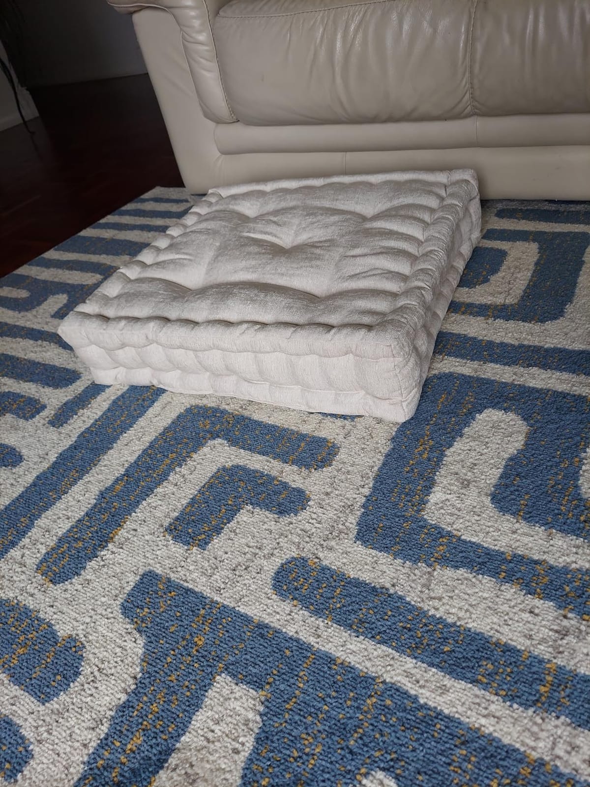Intelligent Design Floor Pillow, Large Cushion for Meditation, 24x24 Ivory | Floor Seating for Adults, Board Games or Yoga, Lustrous Chenille Tufted Cover, Handsewn Scalloped Edge with Handle customer photo 1