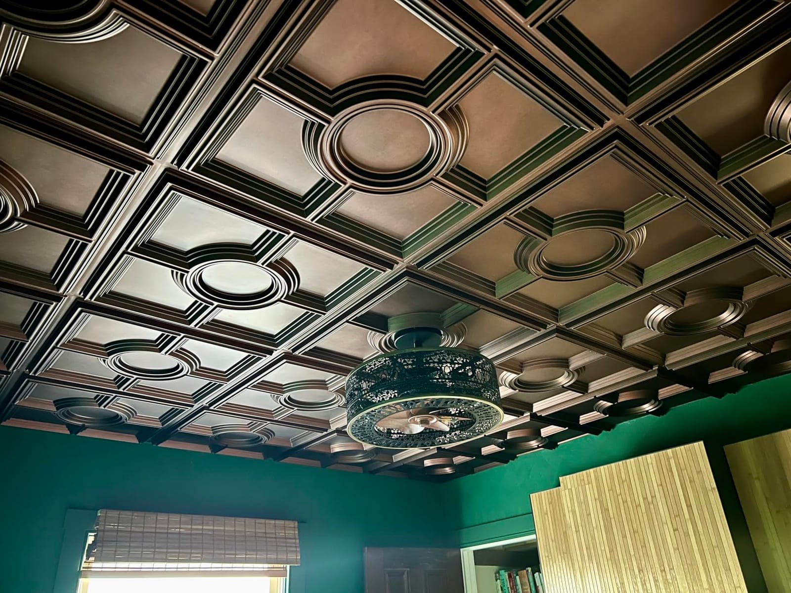 STICKGOO PVC Ceiling Tiles, Antique Copper Decorative Drop Ceiling Tiles 24 x 24in, 12-Pack Panels Cover 48 Sq. Ft customer photo 1