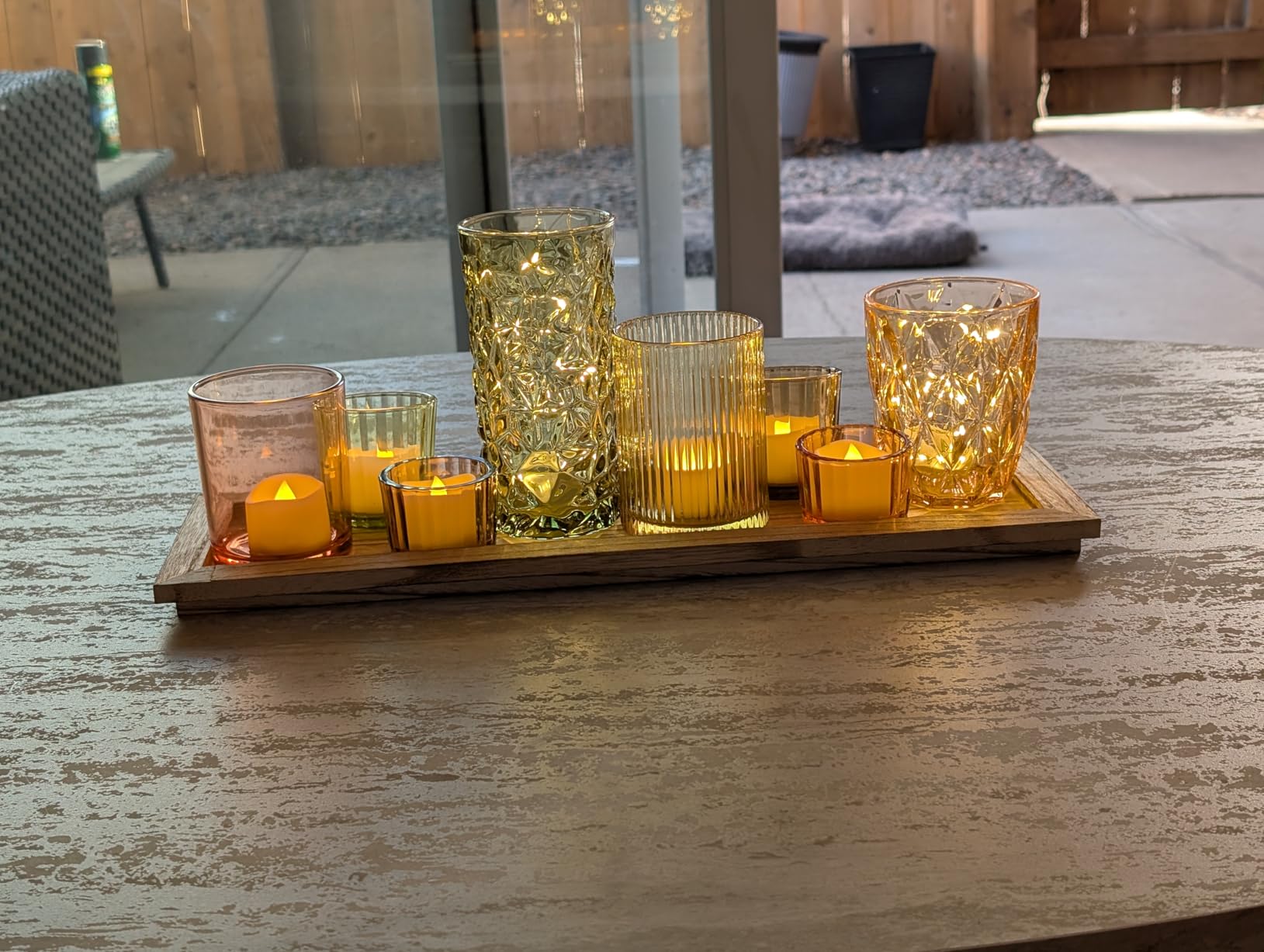 Rustic Wooden Tray with 8 Brown Glass Votive Candle Holders | Decorative Tea Light Holder Set for Mantel, Centerpiece, Dining Table Centerpiece Set, and Home Decor(Set of 8 Pieces) customer photo 2