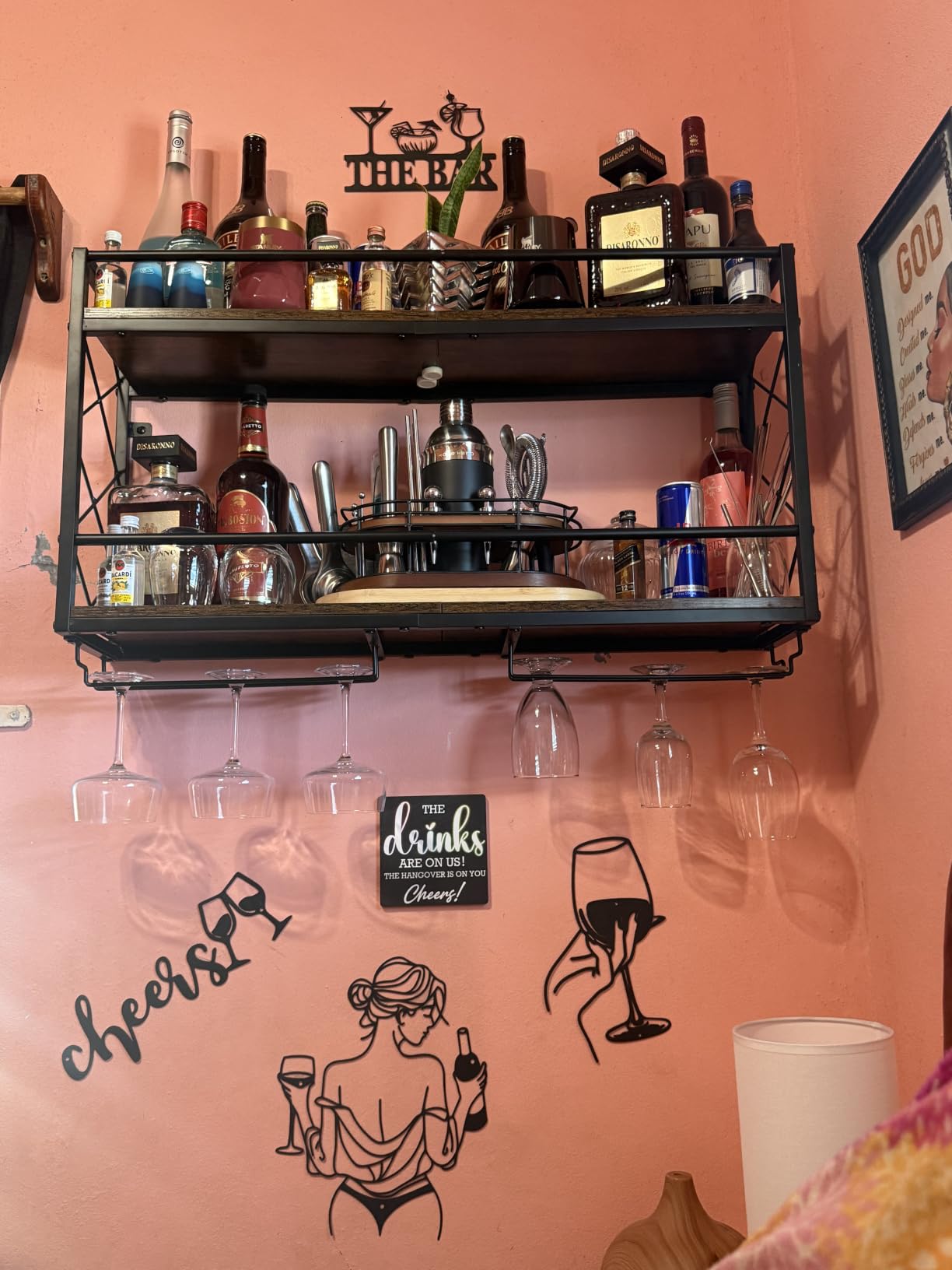 Wine Rack Wall Mounted 2 Tier Wall Wine Rack with Glass Holder, Double Layer Anti-Drop Crossbar, 31.5