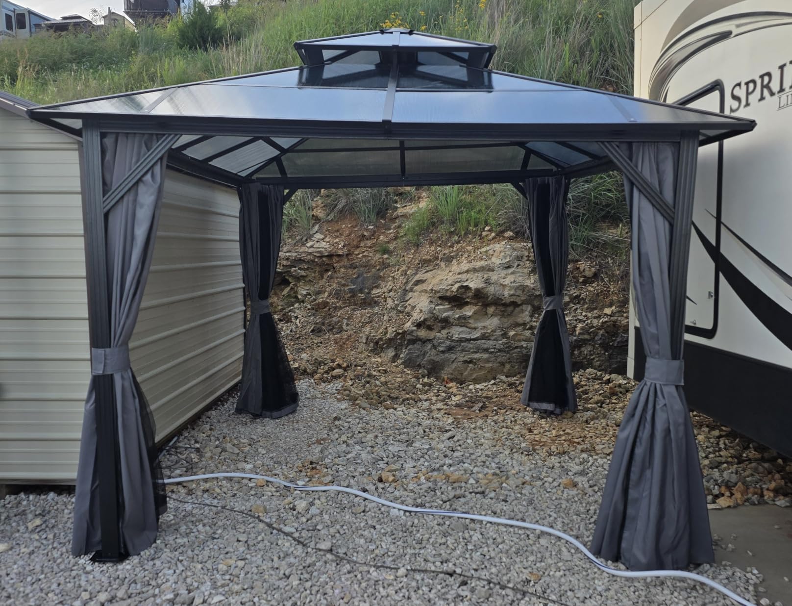 Aoxun 12'x10' Hardtop Gazebo with Polycarbonate Double Roof, Brown | Metal Frame Outdoor Permanent Pavilion with Breathable Netting and Privacy Curtain for Garden, Lawns, Patio customer photo 2