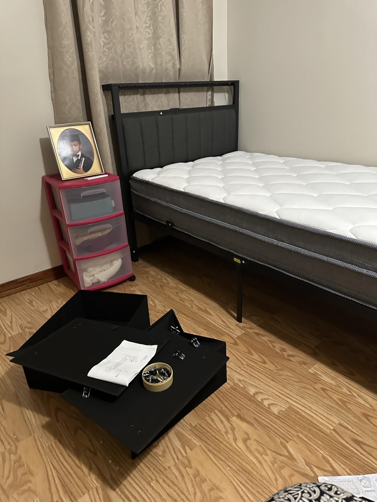 Furnulem Full Size Bed Frame with Storage Drawers and Upholstered Headboard | Metal Platform Bed with Charging Station, LED Lights, 2 Tier Shelves, Fabric Drawers. No Box Spring Needed, Noise Free, Grey customer photo 2