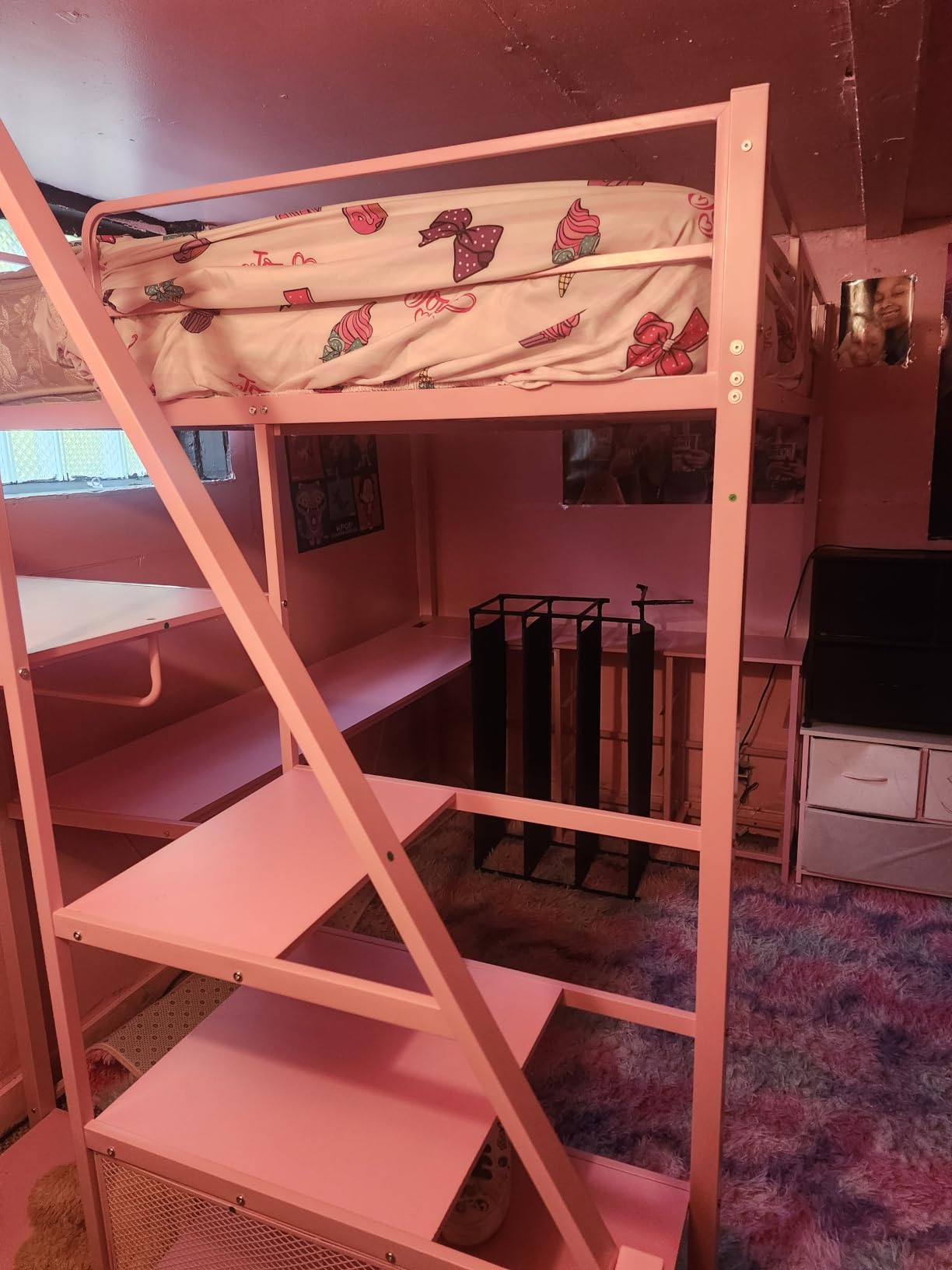 Itaar Stairway Twin Size Loft Bed with L Shaped Desk and Wardrobe, Metal Loft Bed Frame with Storage Stairs, 3 Fabric Drawers, LED Lights & Charging Sation (Rustic Brown, Twin) customer photo 1