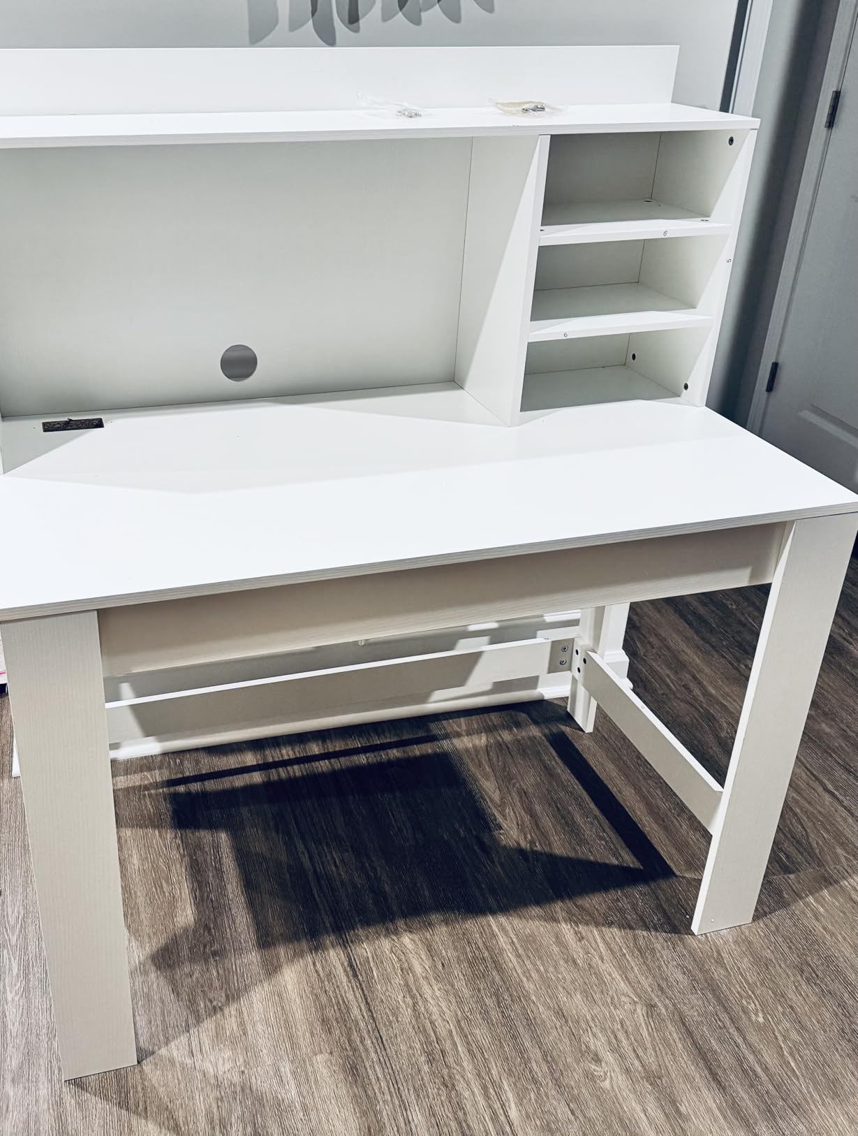 GOFLAME Computer Desk with Hutch, Home Office Desk with 2 Power Outlets, USB & Type-c Charging Ports, 3 Storage Shelves, Cable Hole, Writing Desk, Modern White Laptop PC Desk for Study, Office customer photo 1